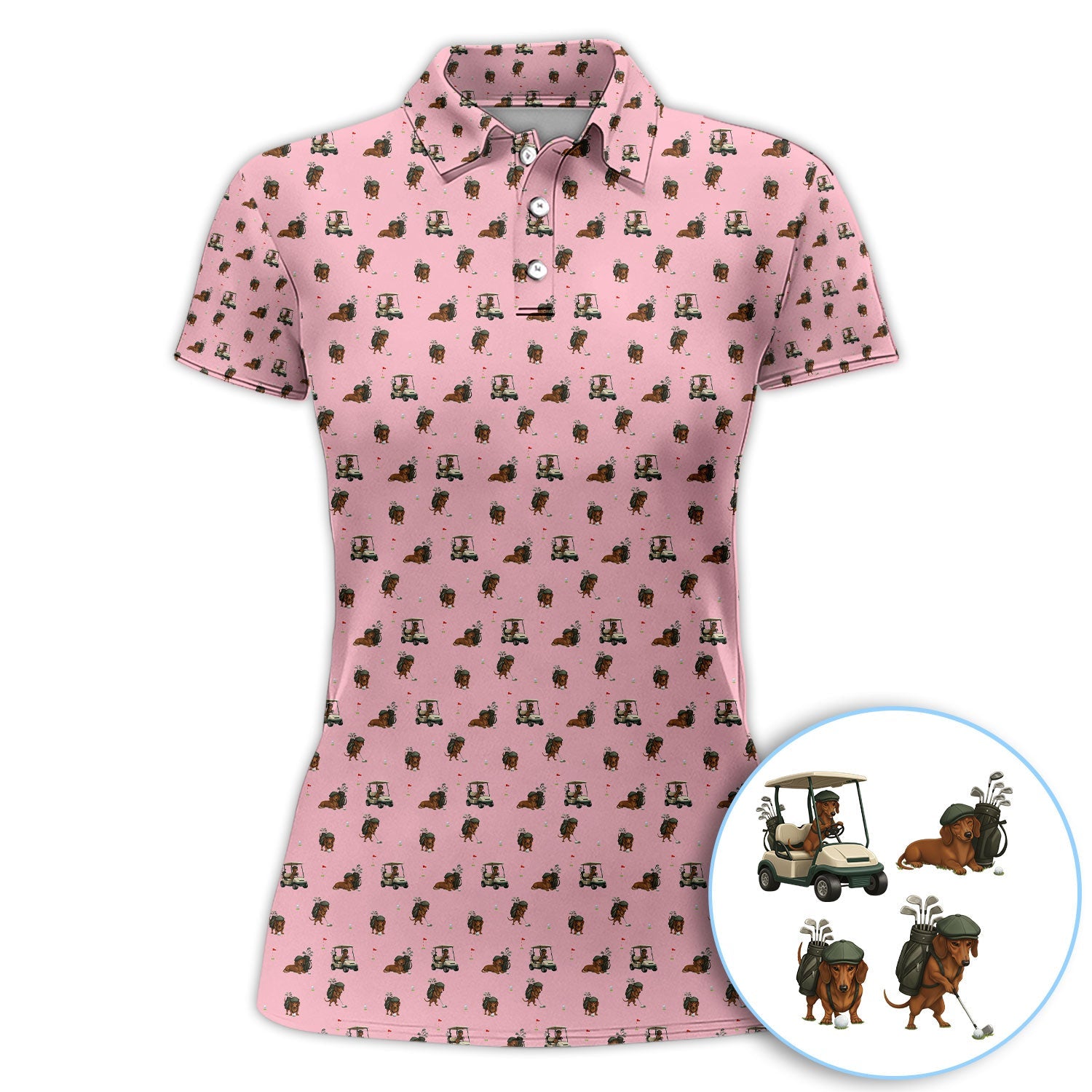 Funny Dachshund Golf Shirt, Wiener Dog Pattern Polos For Men, Golf Gift For Golfers