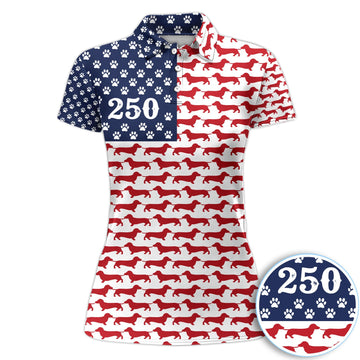 Dachshund USA Flag 250 Pattern Golf Polos, Crazy Dachshund Golf Shirt For Women, Funny Golf Shirt