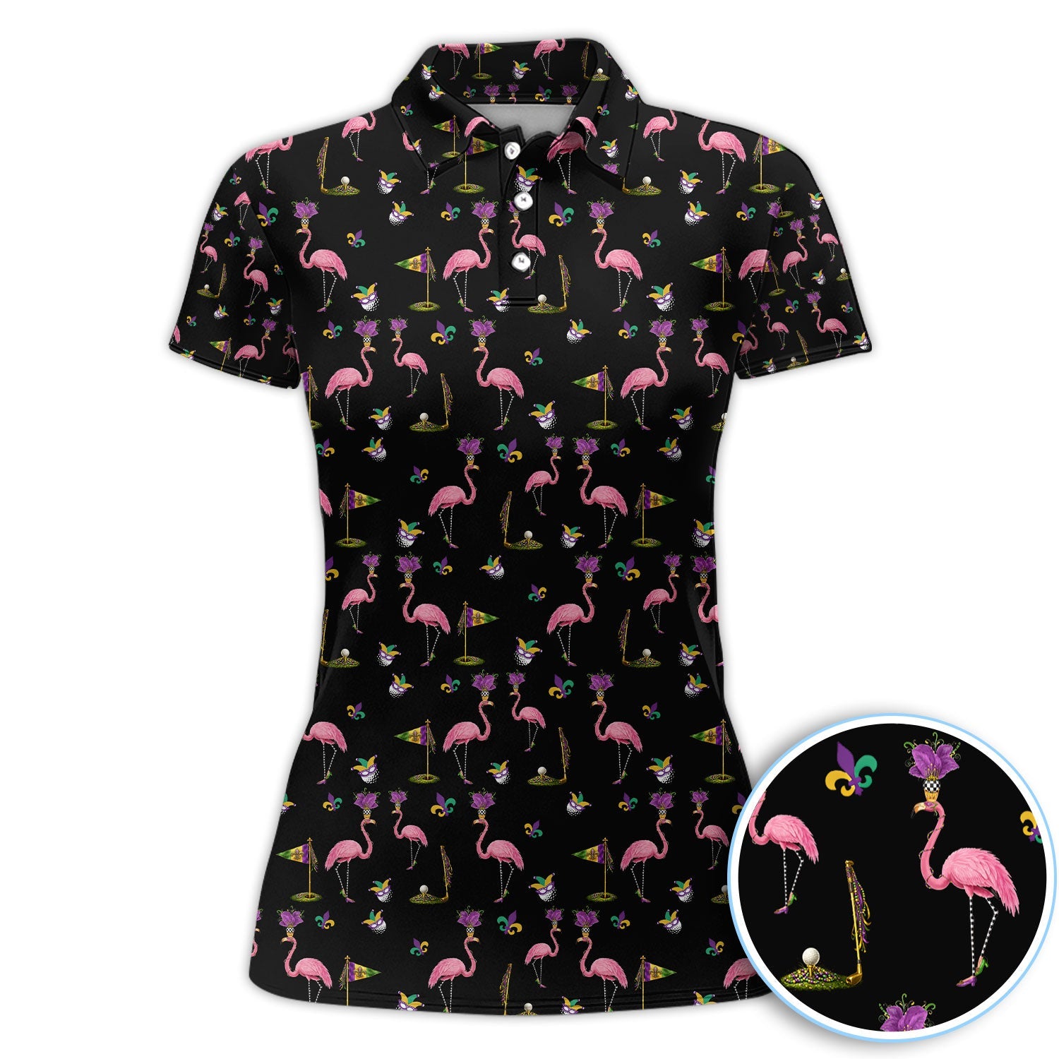 Flamingo Mardi Gras Golf Polos For Golfer, Funny Holiday Pattern Golf Shirt, Golf Gift For Men