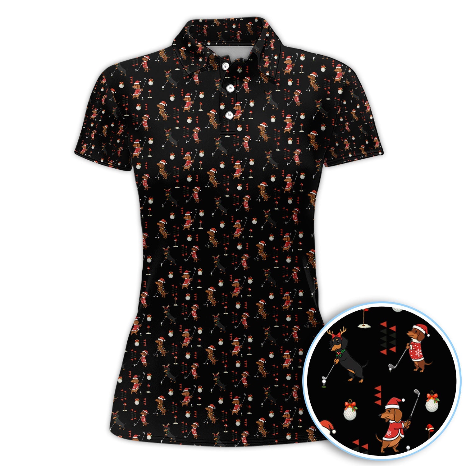 Christmas Dachshund Pattern Polos, Funny Xmas Wiener Dog Golf Shirt, Festive Golf Gift For Men