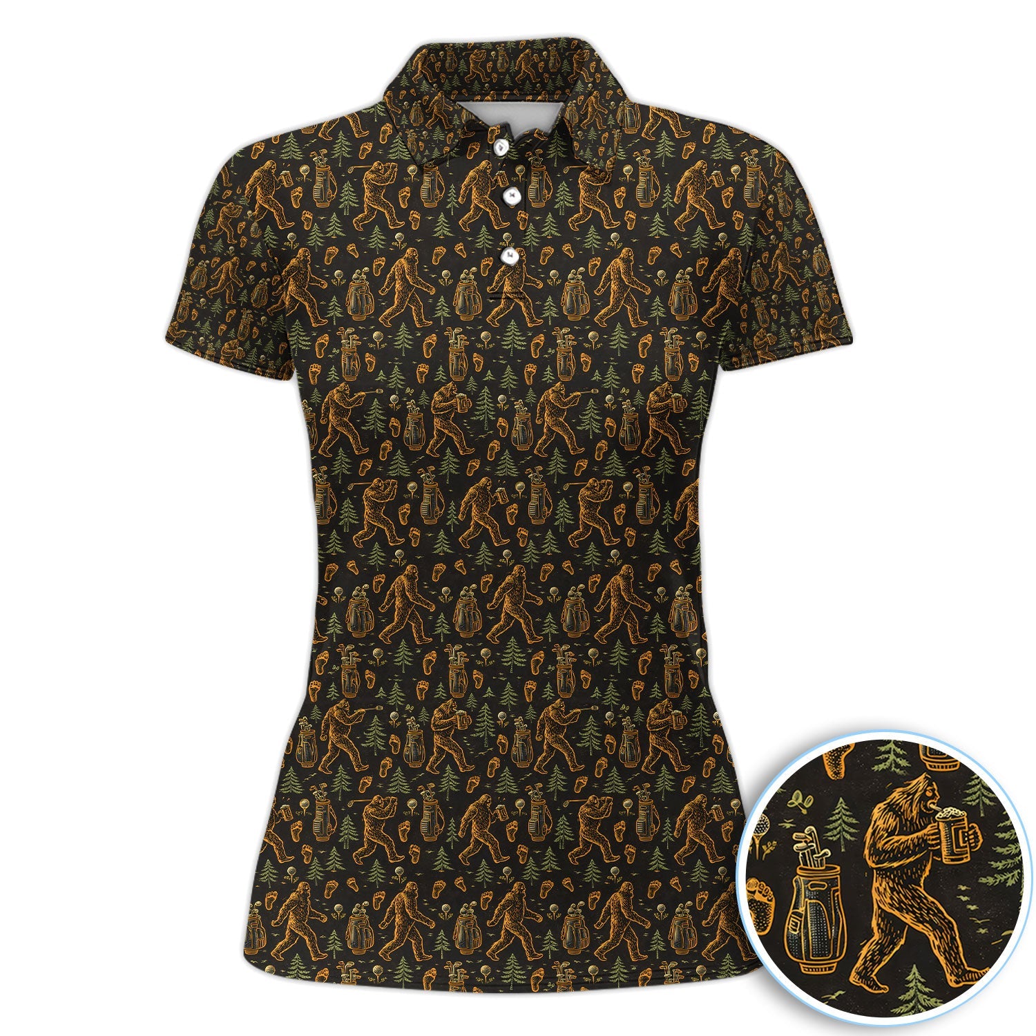Bigfoot Beer Forest Pattern Golf Shirt, Sasquatch Drinking Golf Shirt For Men, Golfer Gift