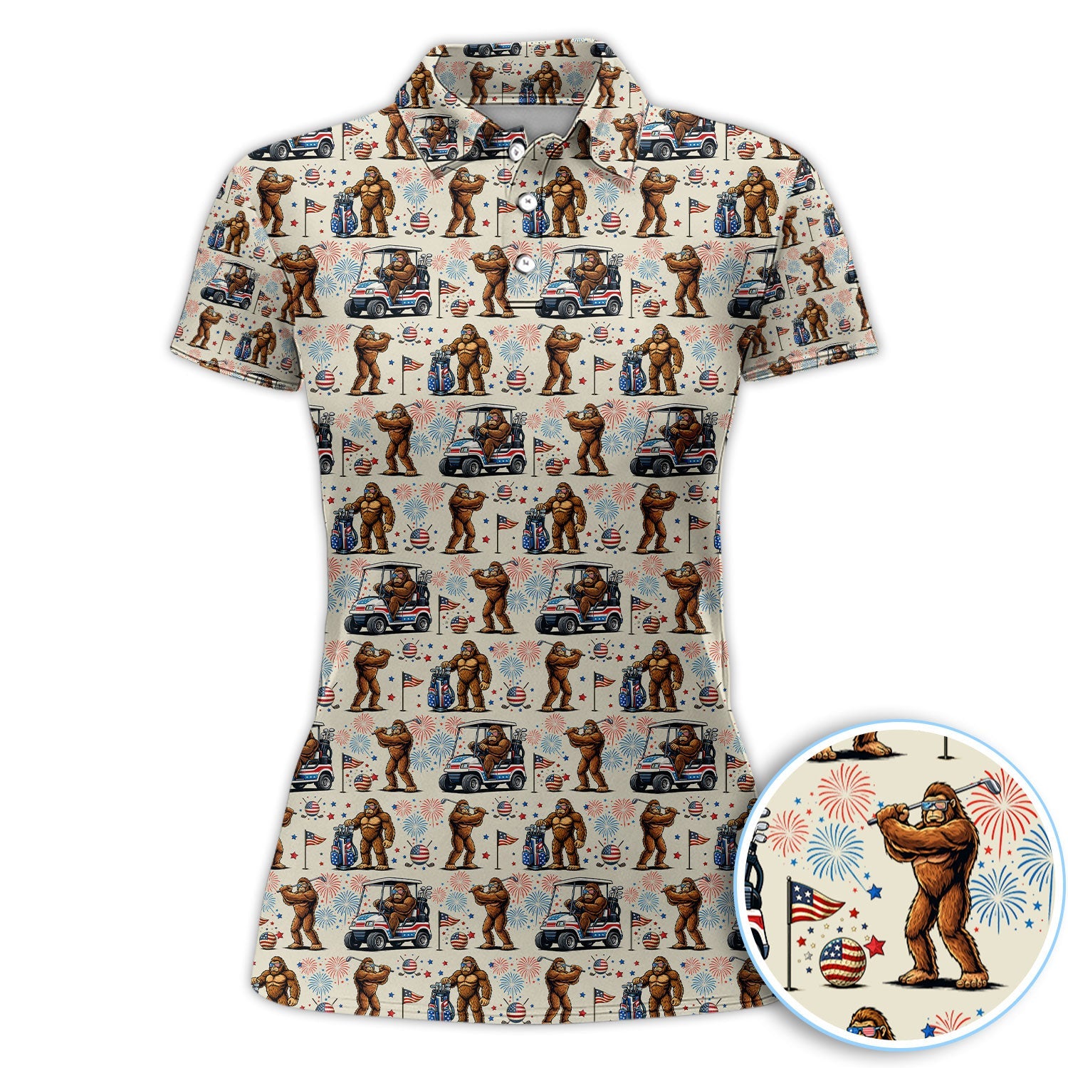 Funny Bigfoot Golf Polos For Golfer, Sasquatch Patriotic USA Pattern Golf Shirt, Golf Gift For Men