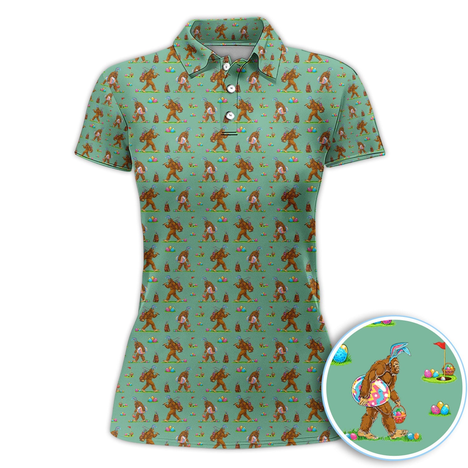 Bigfoot Easter Pattern Golf Polos, Bunny Sasquatch Golf Shirt For Men, Easter Day Shirt For Golfer