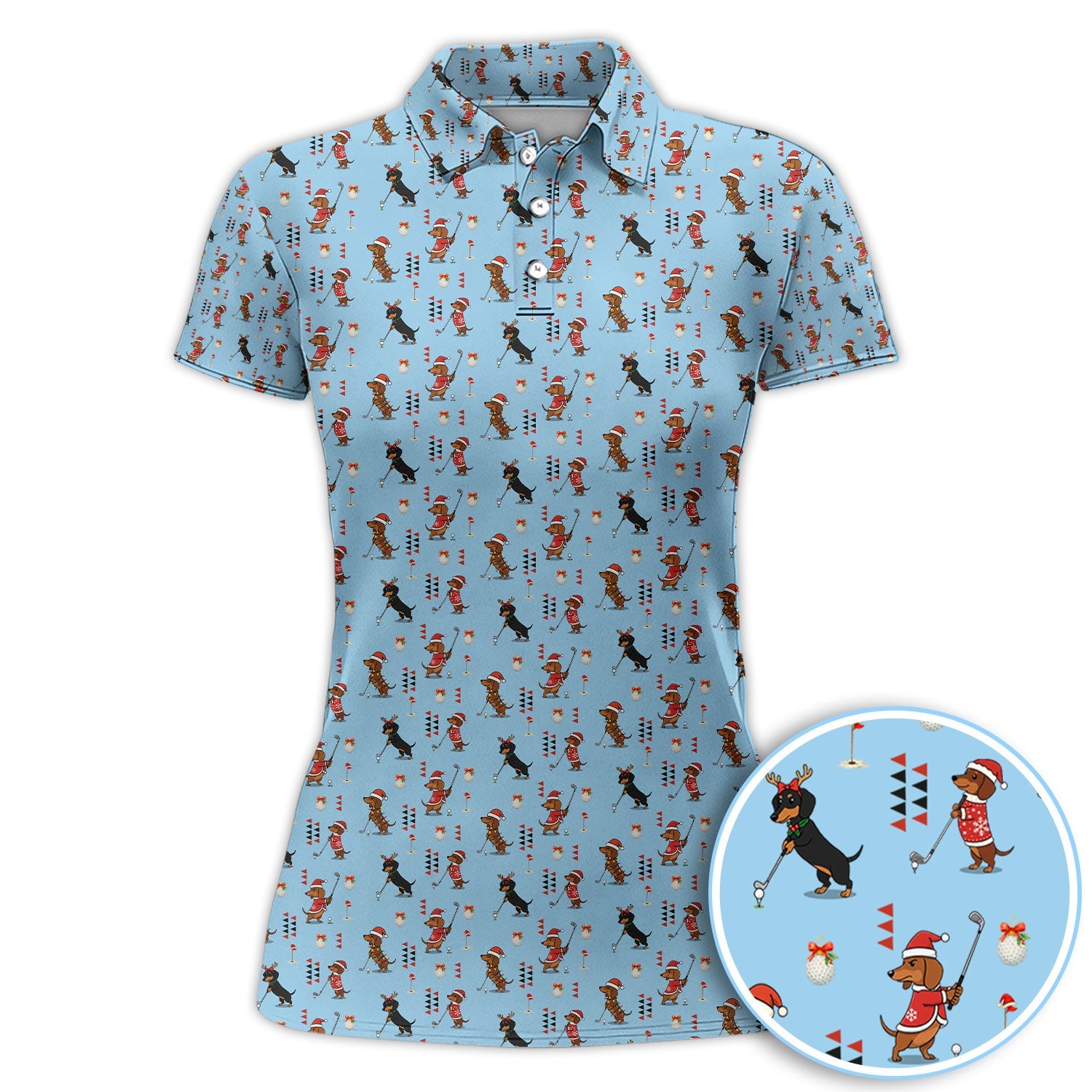 Christmas Dachshund Pattern Polos, Funny Xmas Wiener Dog Golf Shirt, Festive Golf Gift For Men