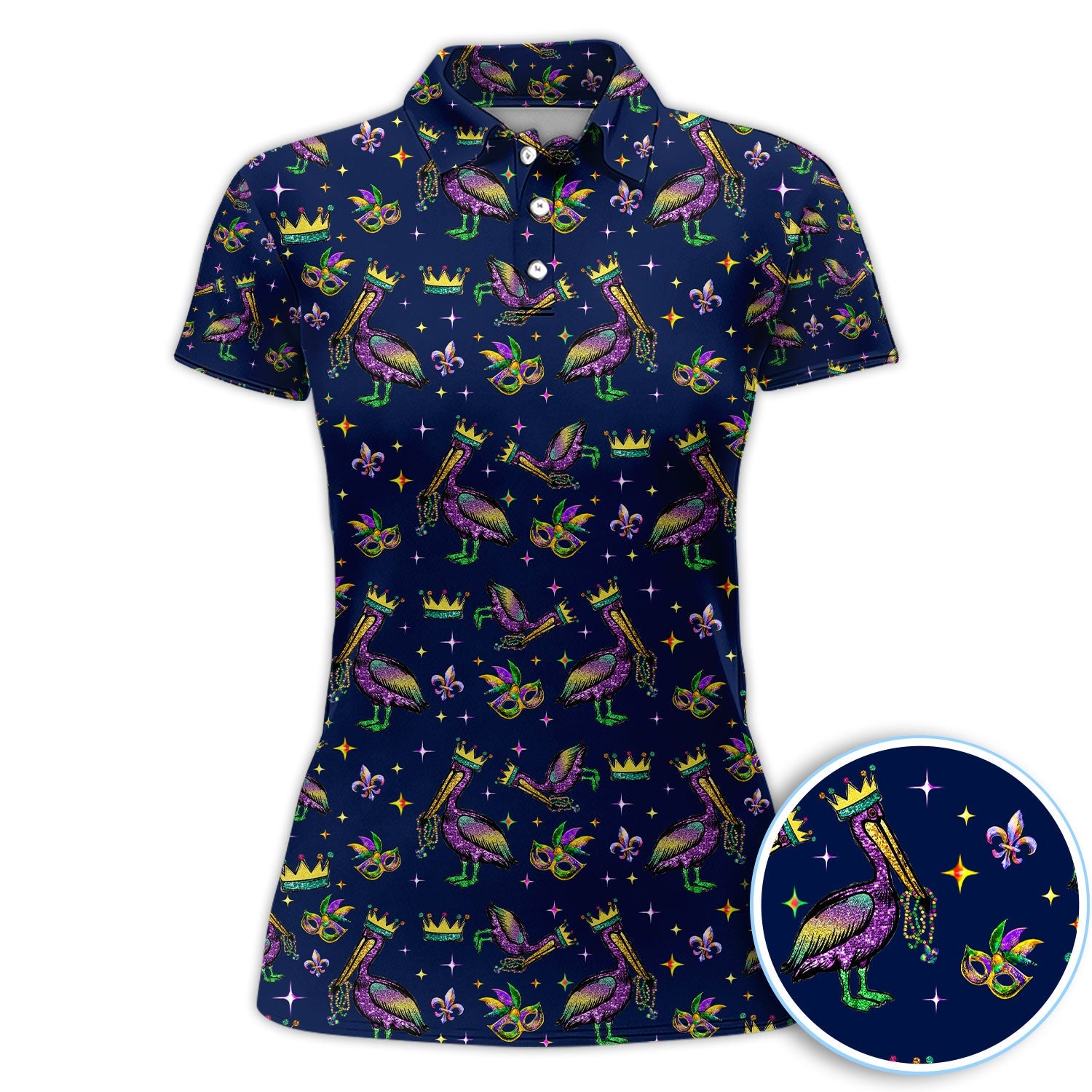 Mardi Gras Pelican Pattern Golf Polos, Funny Pelican Golf Shirt For Men, Crazy Golf Gift For Golfer