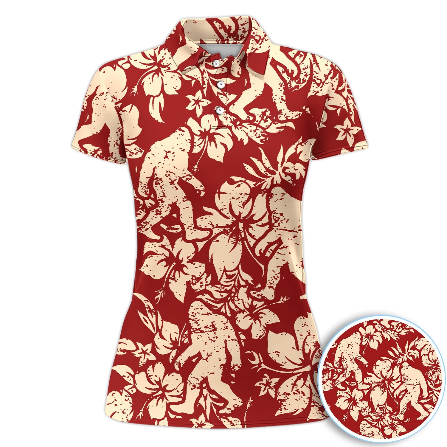 Red Bigfoot Hawaiian Polo Shirt For Men, Sasquatch Floral Aloha All Over Print, Tropical Casual Summer Golf Shirt