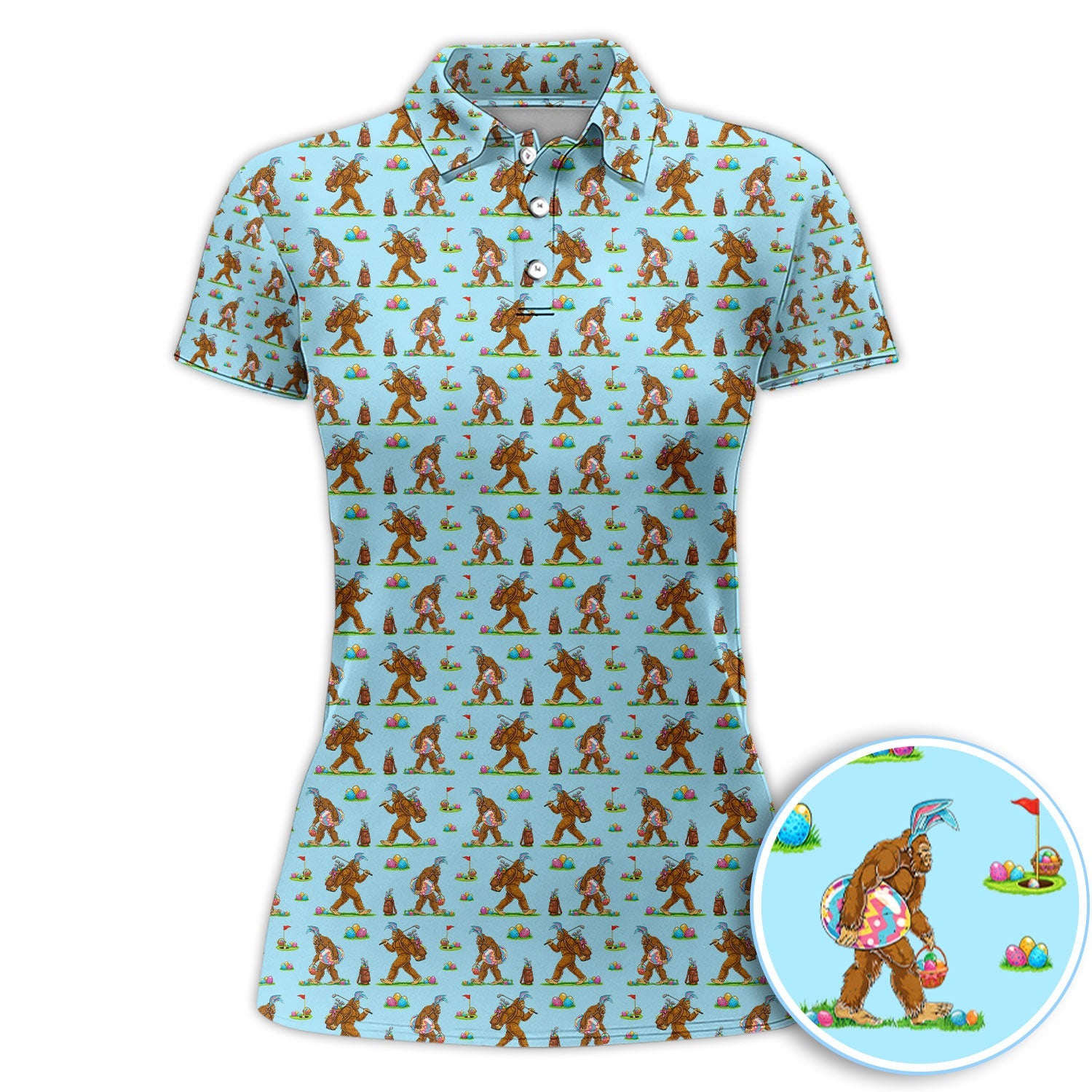 Bigfoot Easter Pattern Golf Polos, Bunny Sasquatch Golf Shirt For Men, Easter Day Shirt For Golfer