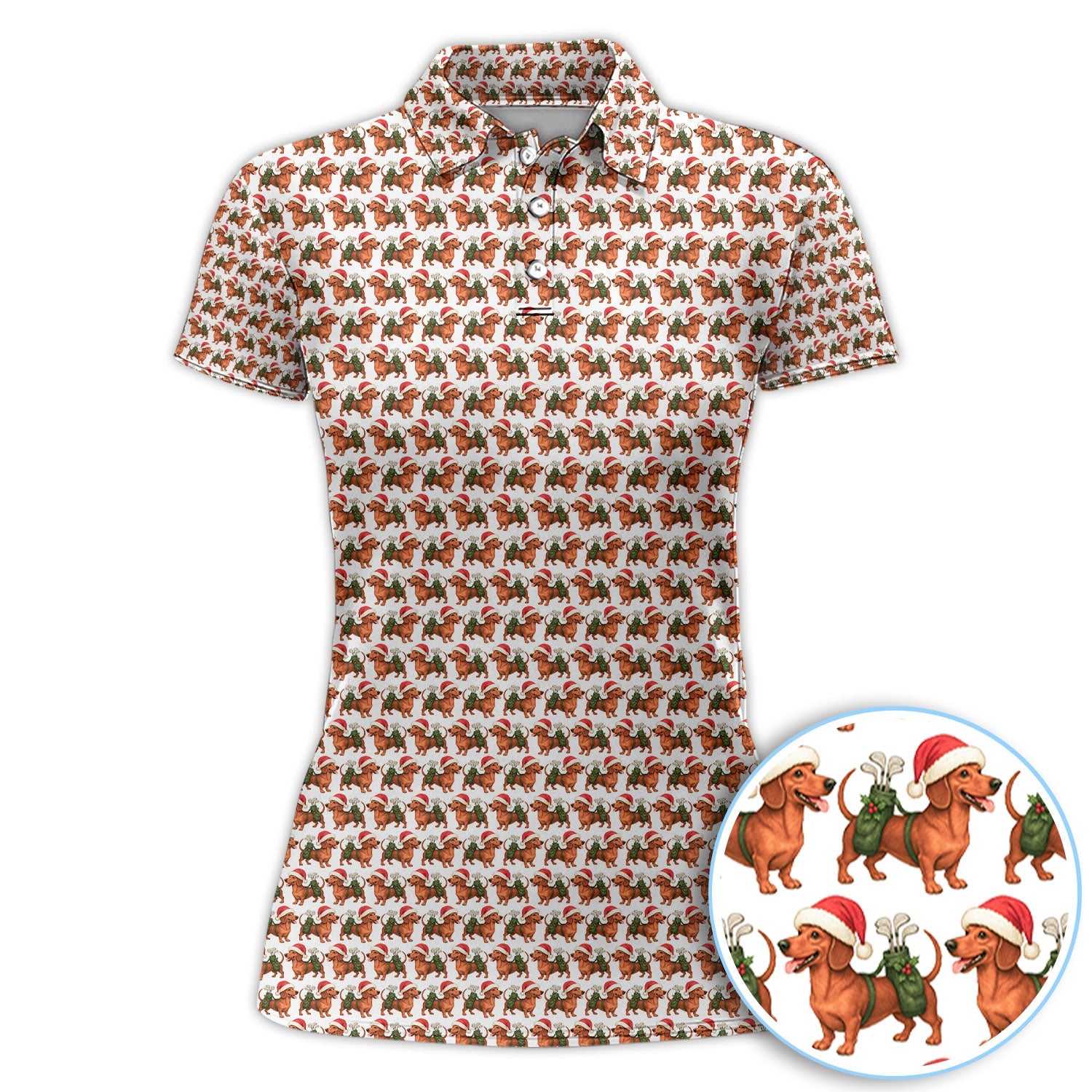 Funny Christmas Dachshund Pattern Polos, Xmas Golf Shirt For Men, Golf Gift For Golfer