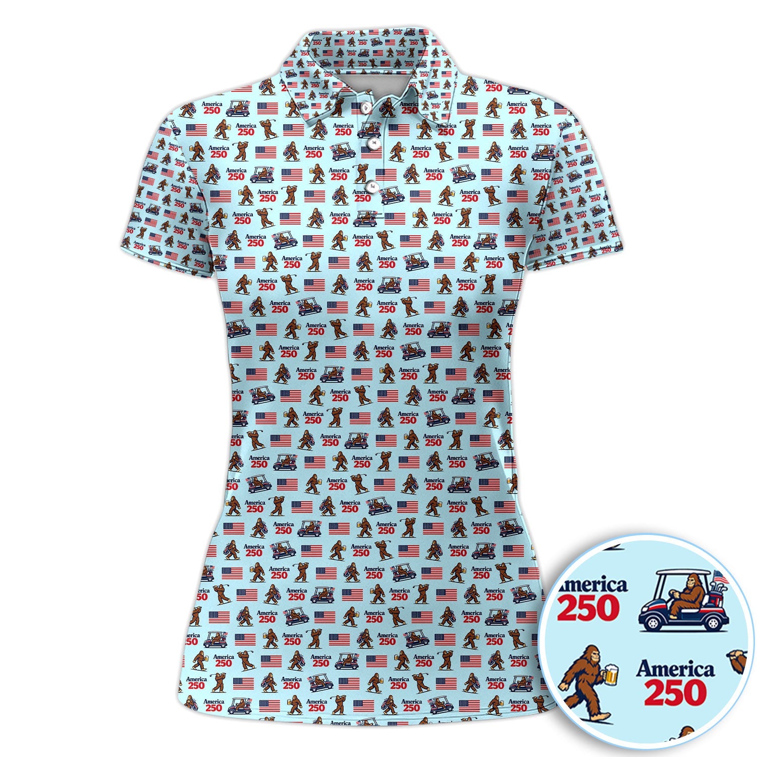 Bigfoot America 250 Pattern Golf Polos, Crazy Bigfoot Golf Shirt For Men, Funny Golf Shirt
