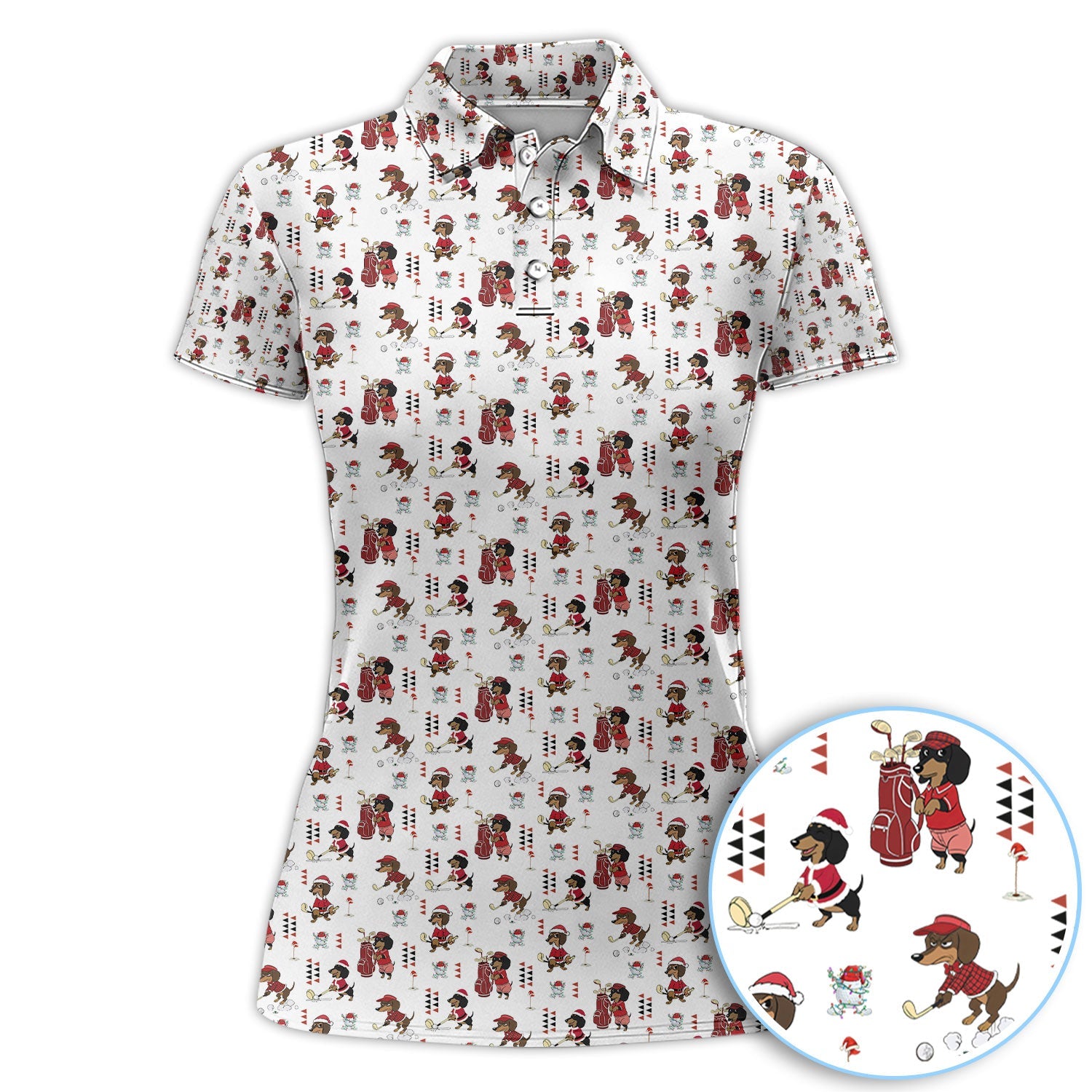 Funny Dachshund Christmas Golf Shirt, Cute Wiener Dog Pattern Polos, Festive Holiday Golf Shirt Gift For Men Golfers
