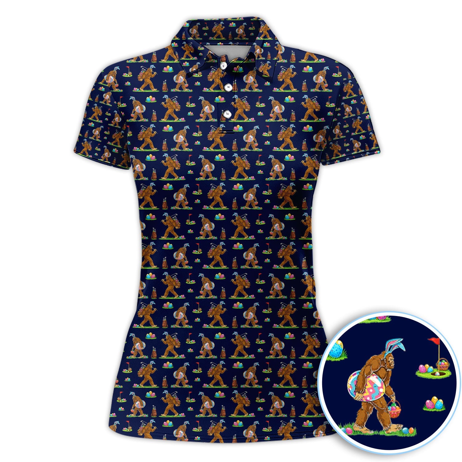 Bigfoot Easter Pattern Golf Polos, Bunny Sasquatch Golf Shirt For Men, Easter Day Shirt For Golfer