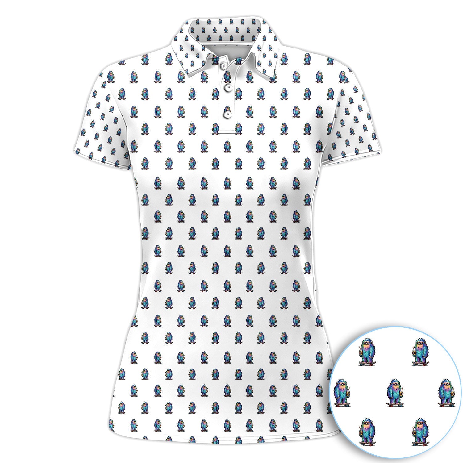 Funny Yeti Pattern Golf Polos, Bigfoot Coffee Skateboard Golf Shirt, Crazy Golf Shirts For Men