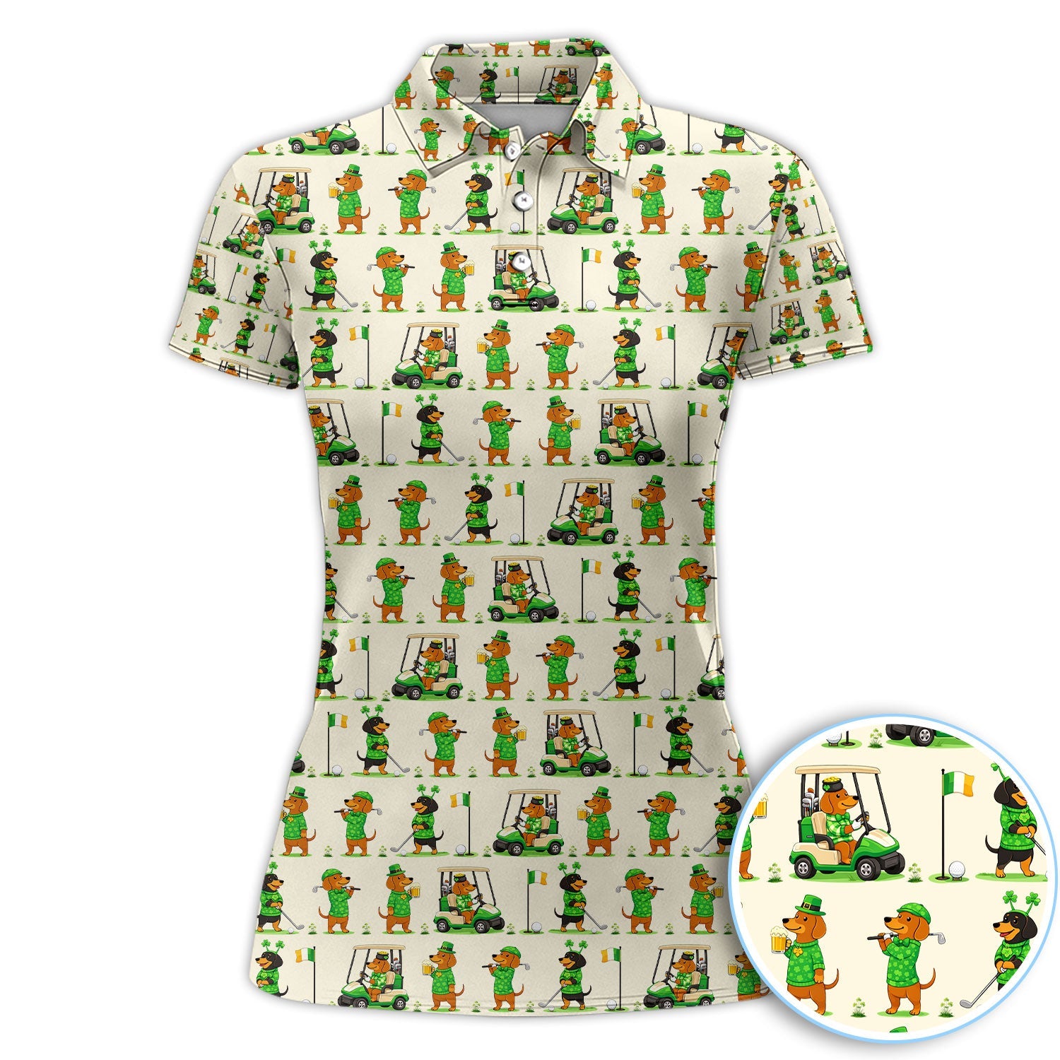 St. Patrick’s Day Dachshund Pattern Golf Polos, Funny Irish Wiener Dog Golf Shirt For Men, Golf Gift For Golfer
