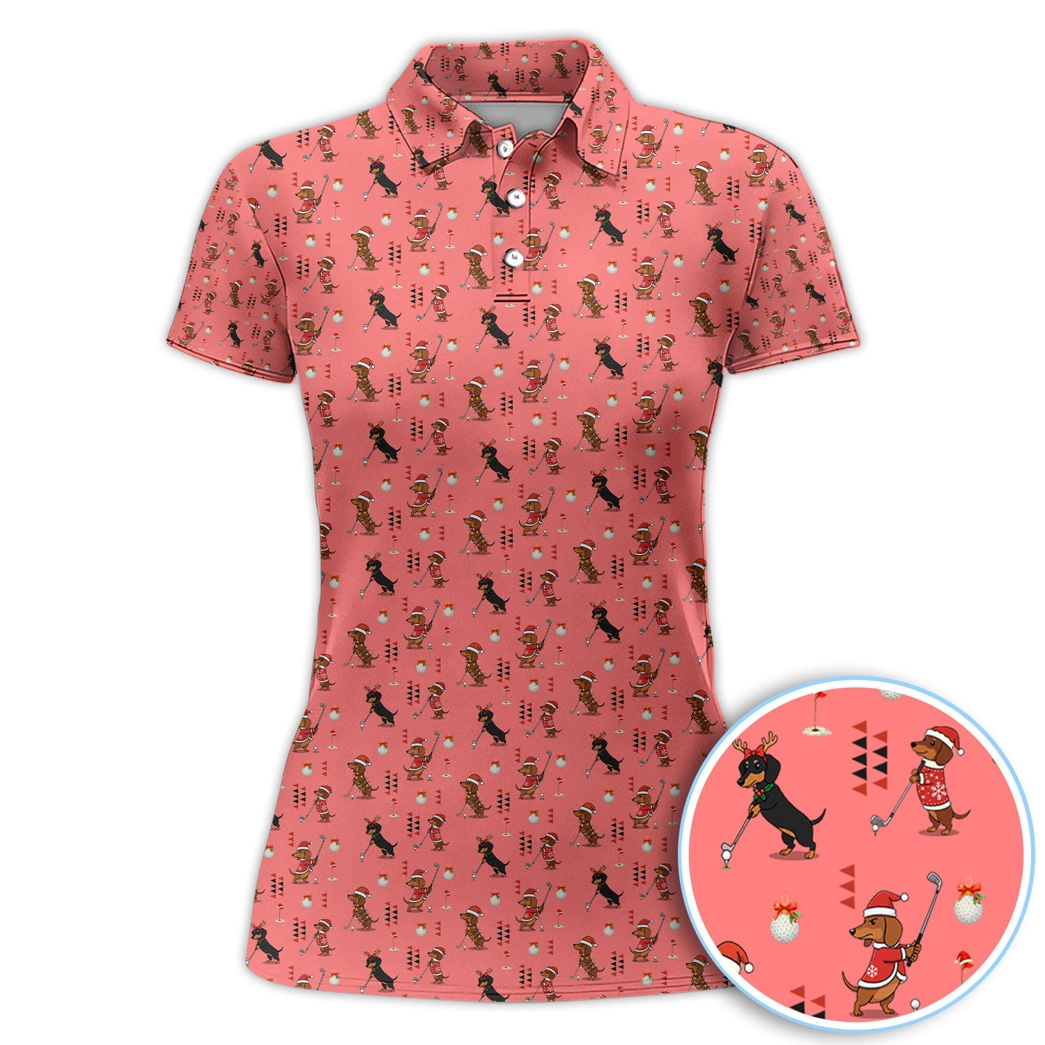 Christmas Dachshund Pattern Polos, Funny Xmas Wiener Dog Golf Shirt, Festive Golf Gift For Men