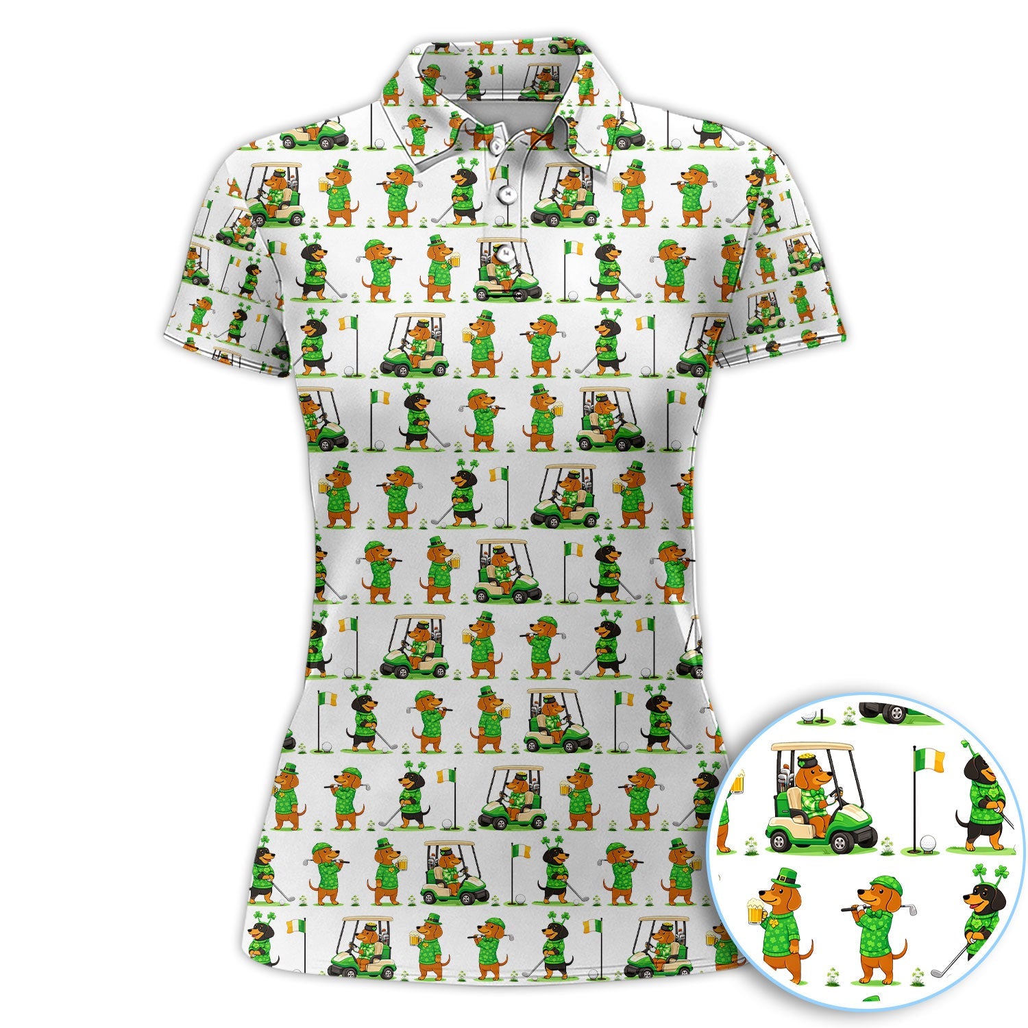St. Patrick’s Day Dachshund Pattern Golf Polos, Funny Irish Wiener Dog Golf Shirt For Men, Golf Gift For Golfer