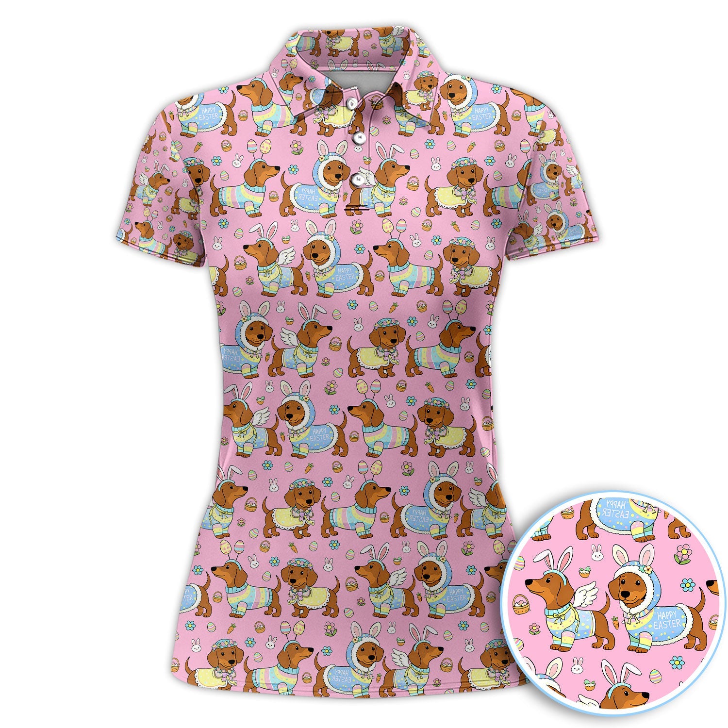 Dachshund Happy Easter Golf Polos, Easter Wiener Dog Pattern Golf Shirt, Golf Gift For Golfer