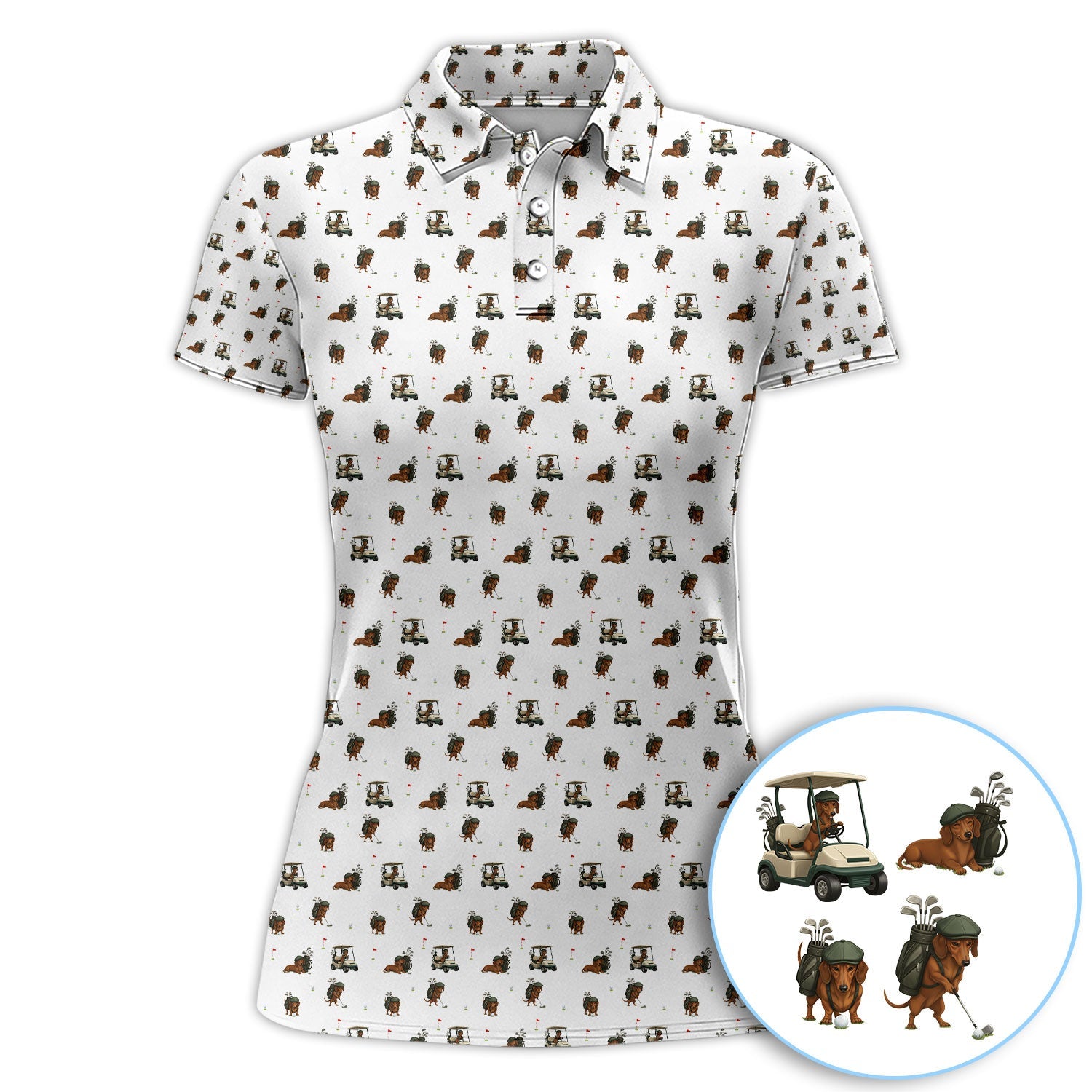 Funny Dachshund Golf Shirt, Wiener Dog Pattern Polos For Men, Golf Gift For Golfers