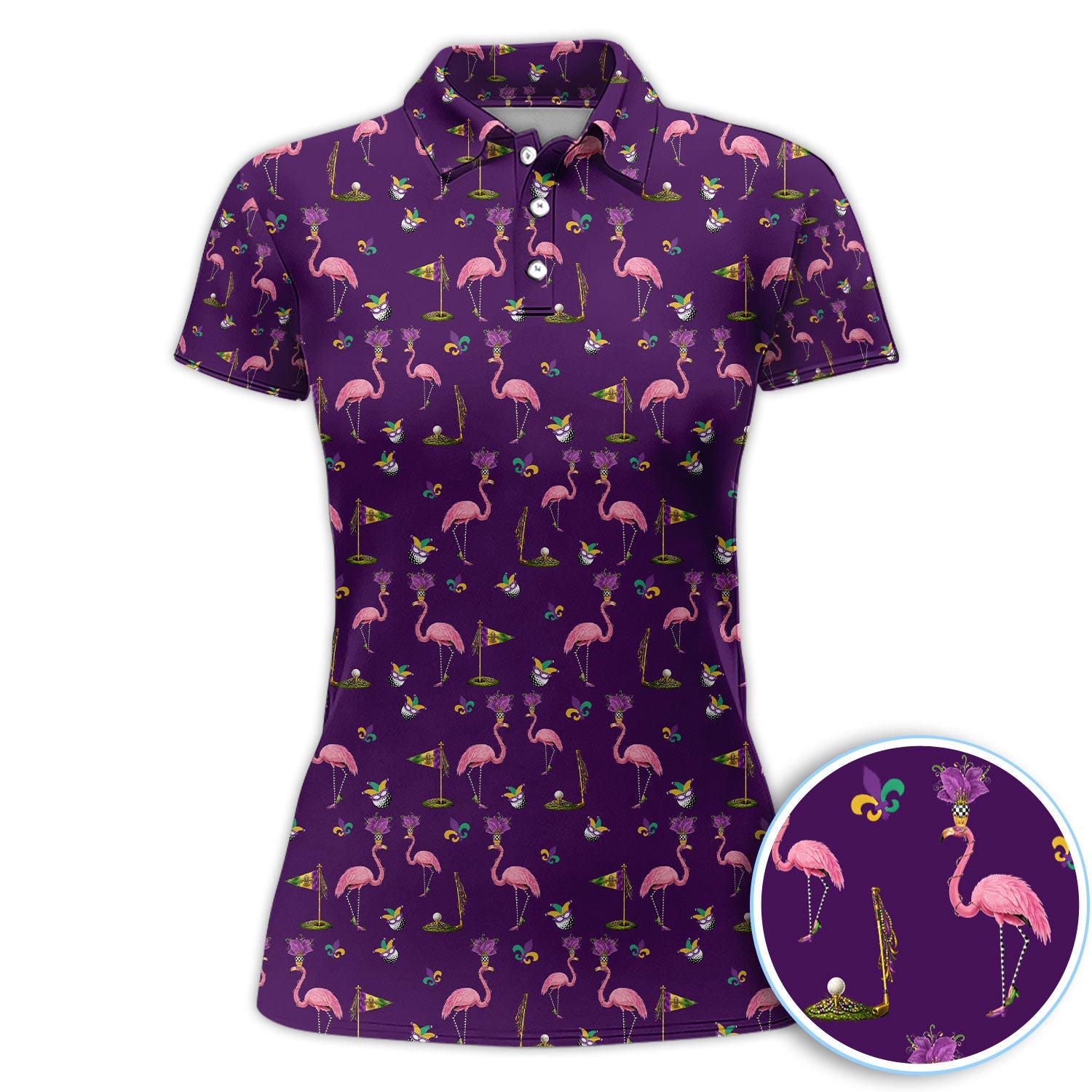 Flamingo Mardi Gras Golf Polos For Golfer, Funny Holiday Pattern Golf Shirt, Golf Gift For Men