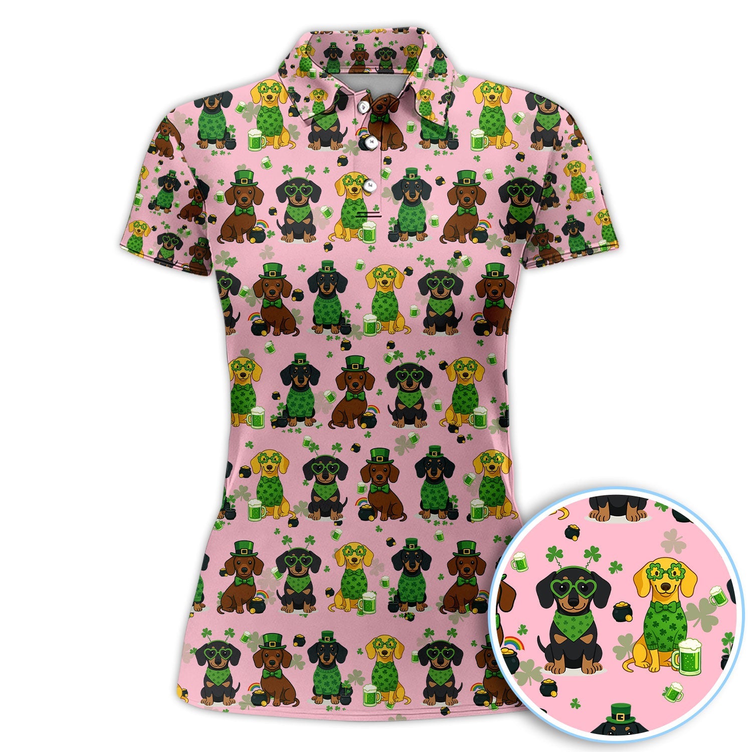 St. Patrick’s Day Dachshund Dog Pattern Golf Shirt, Funny Shamrock Dog Golf Polos For Men, Golf Gift For Golfer