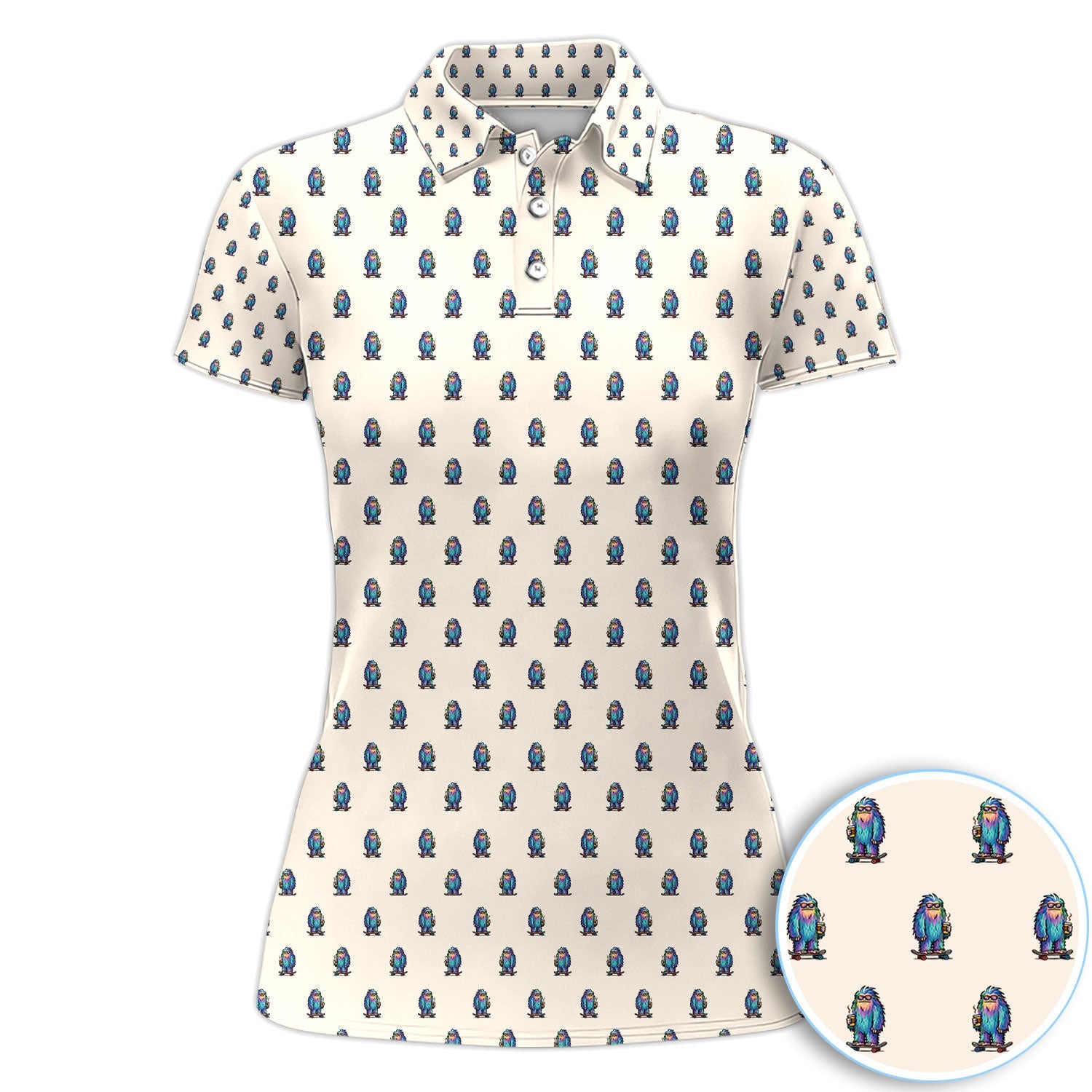 Funny Yeti Pattern Golf Polos, Bigfoot Coffee Skateboard Golf Shirt, Crazy Golf Shirts For Men