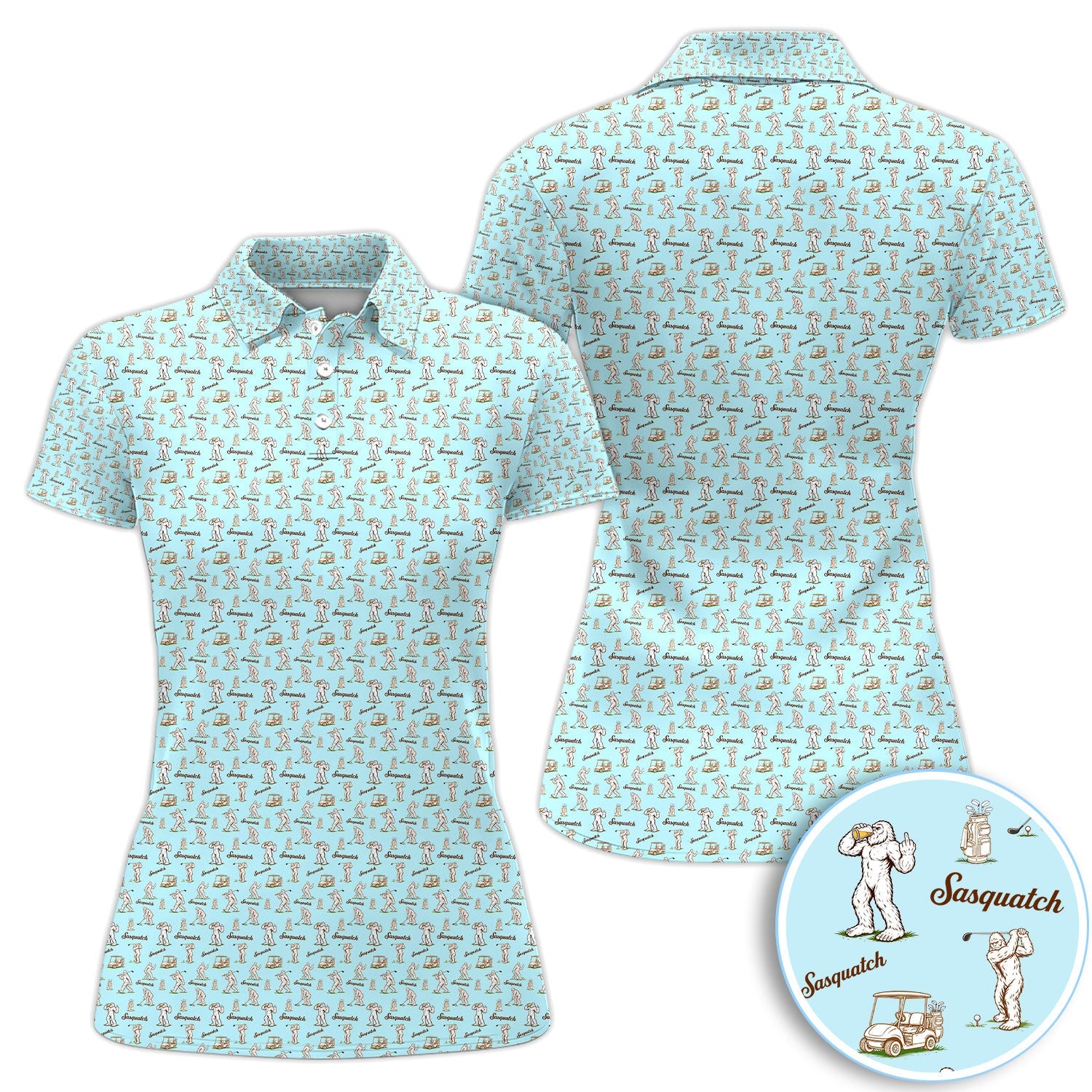 Vintage Sasquatch Golf Polo Shirt, Light Blue Bigfoot Pattern Shirt, Funny Golfer Gift For Men