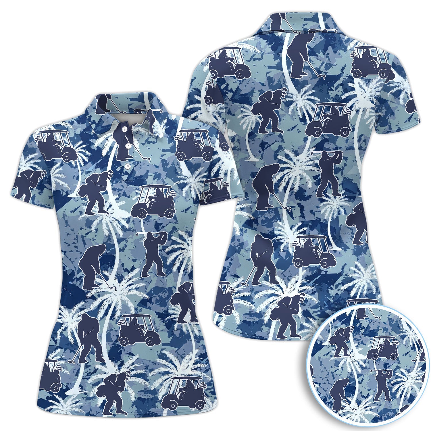 Funny Bigfoot Golf Cart Palm Tree Pattern Shirt, Sasquatch Golf Shirt For Men, Golfer Vacation Gift