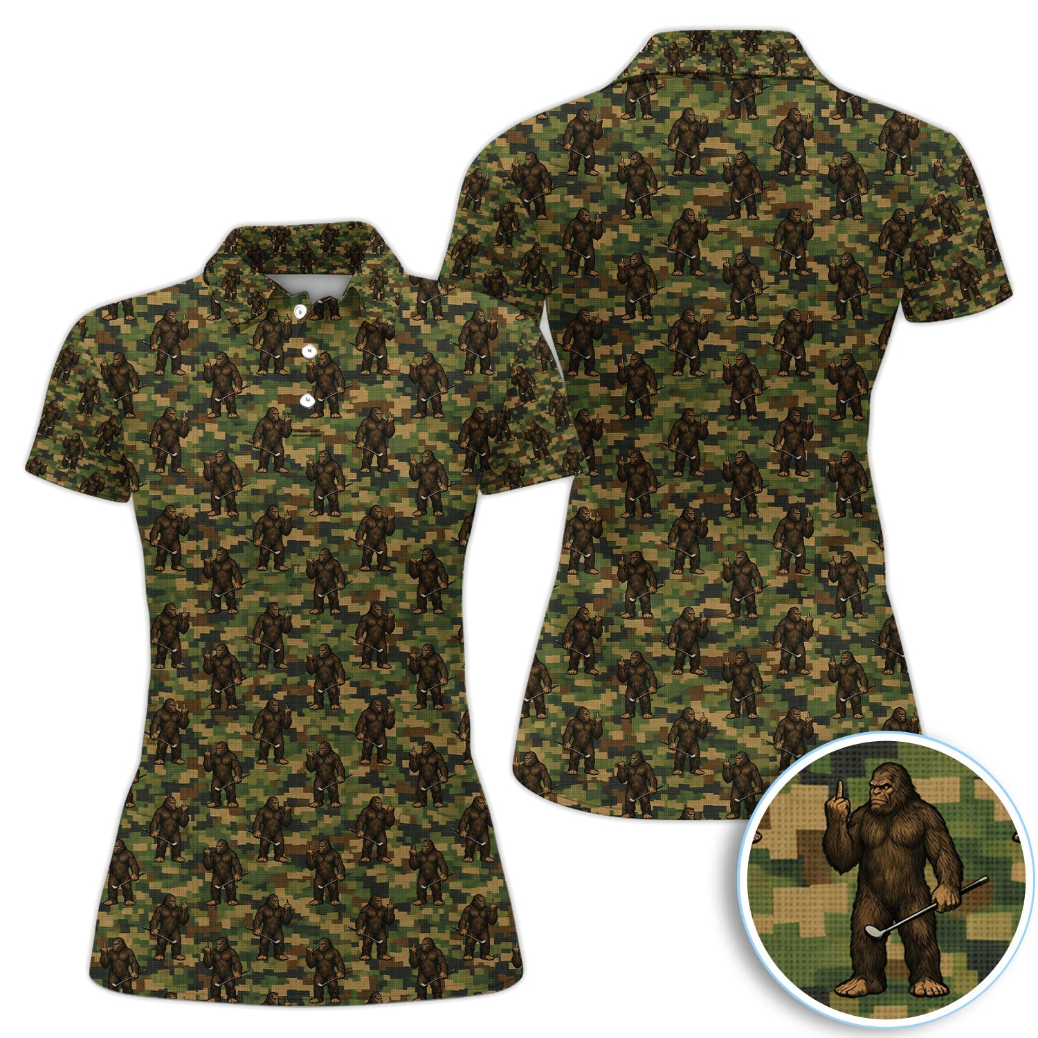 Bigfoot Golfer Camo Pattern Golf Shirt, Sasquatch Middle Finger Golf Shirt For Men, Golfer Gift