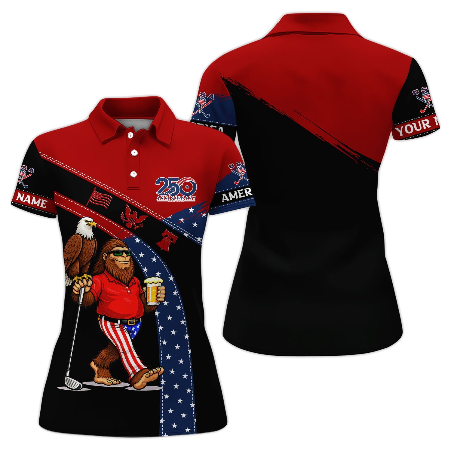 Funny Patriotic Golf Polos, Bigfoot Eagle Beer Pattern Shirt For Men, USA Golf Vibes