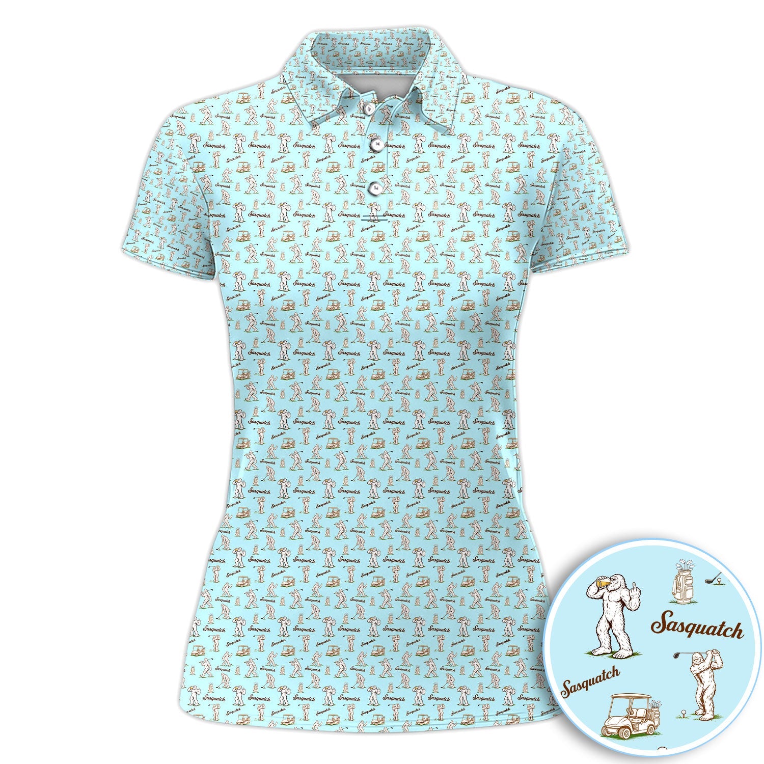 Vintage Sasquatch Golf Polo Shirt, Light Blue Bigfoot Pattern Shirt, Funny Golfer Gift For Men