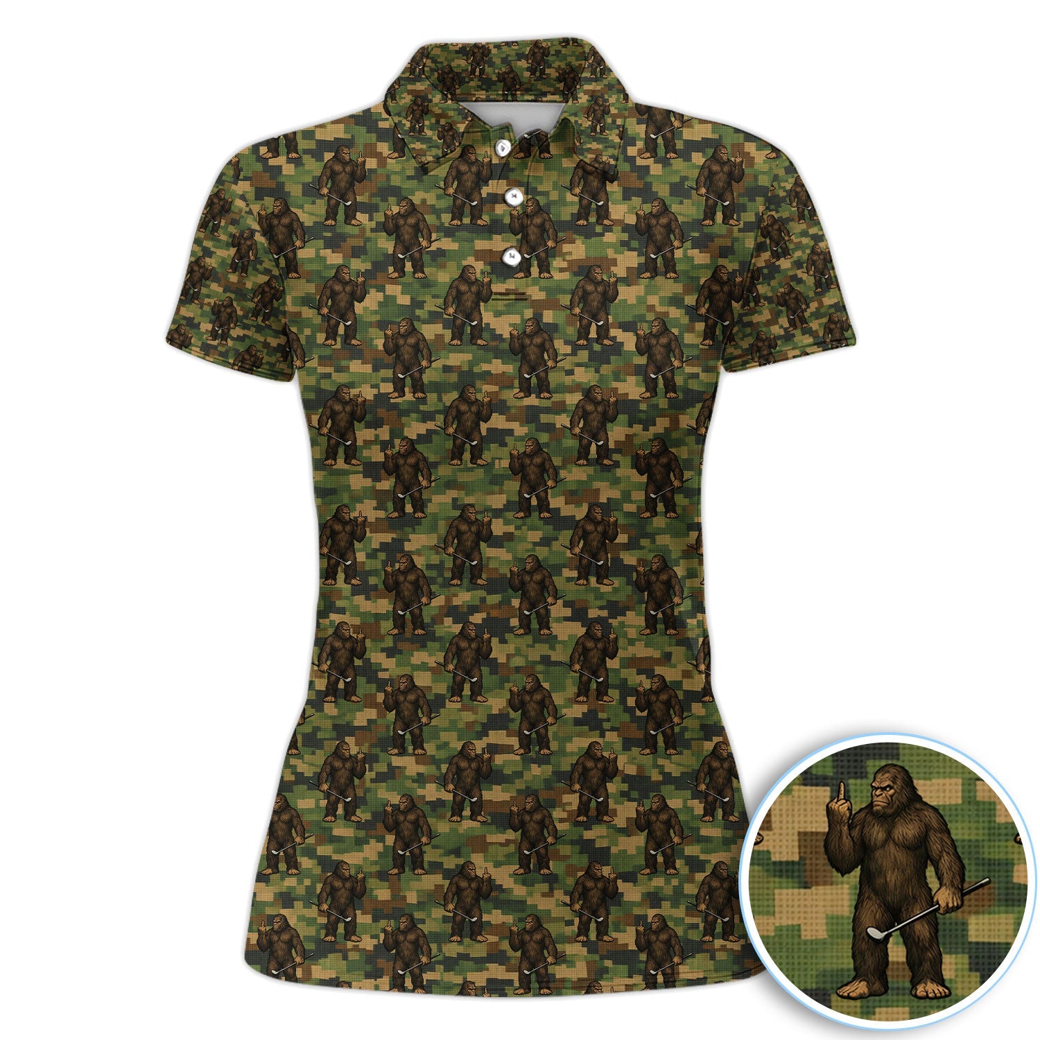Bigfoot Golfer Camo Pattern Golf Shirt, Sasquatch Middle Finger Golf Shirt For Men, Golfer Gift