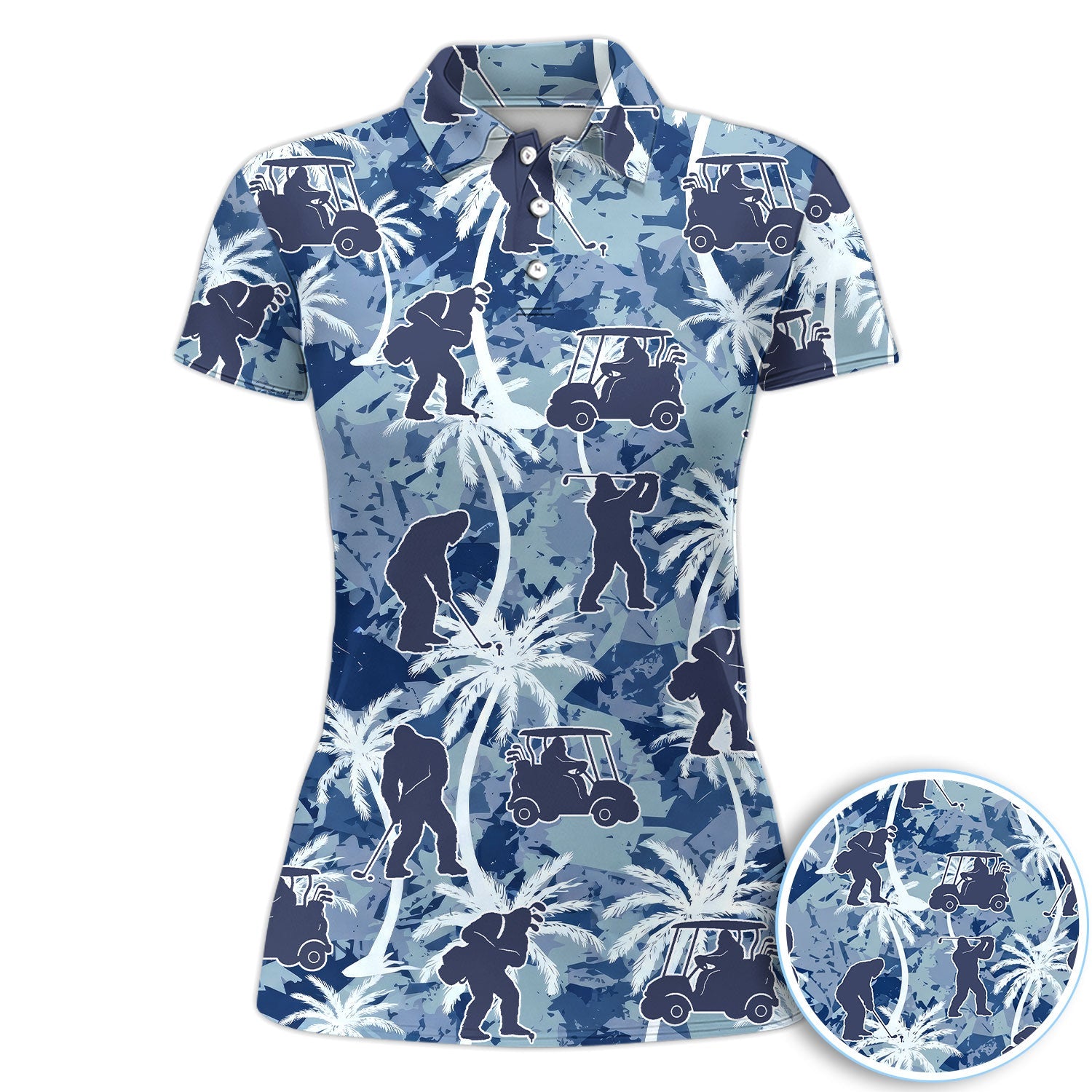 Funny Bigfoot Golf Cart Palm Tree Pattern Shirt, Sasquatch Golf Shirt For Men, Golfer Vacation Gift