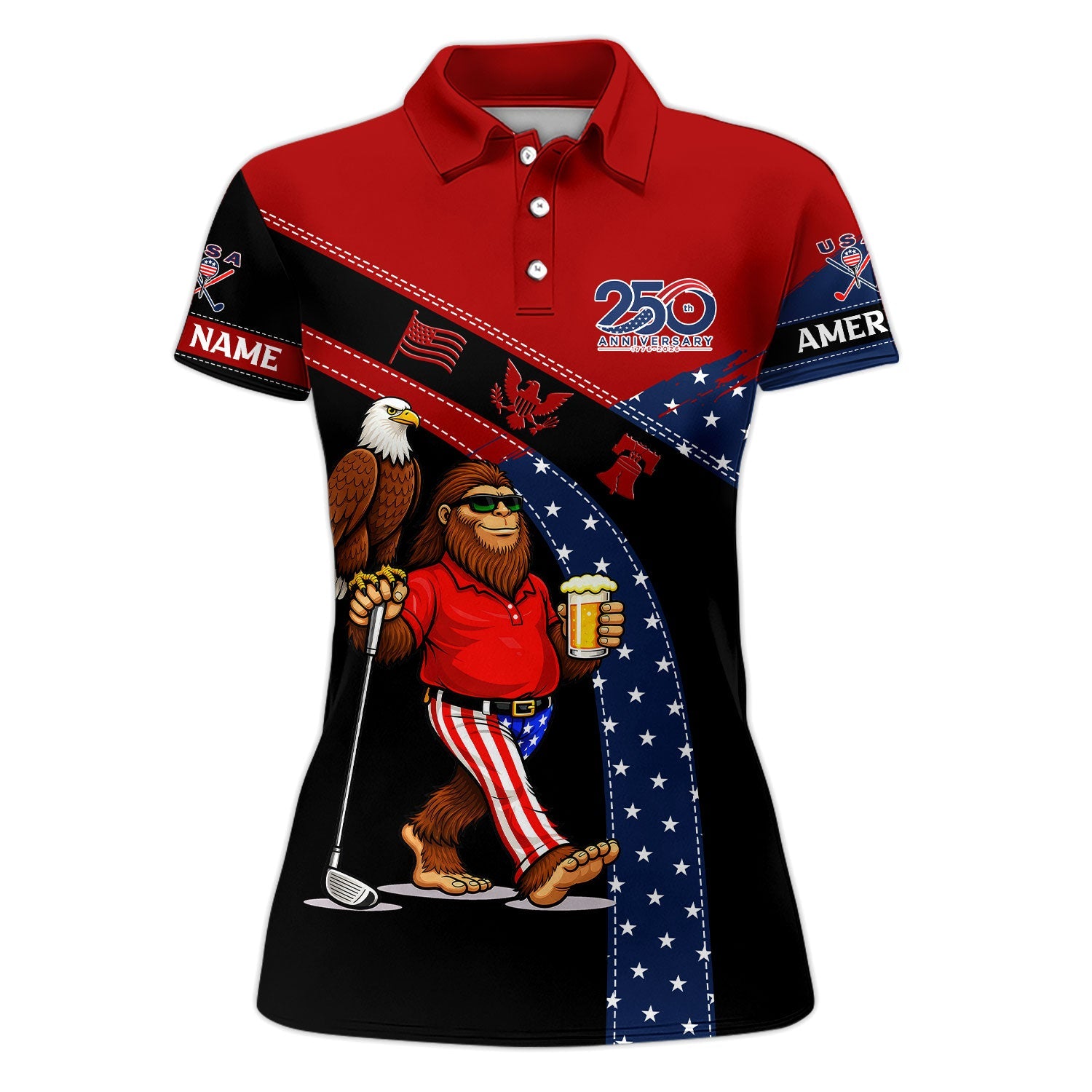 Funny Patriotic Golf Polos, Bigfoot Eagle Beer Pattern Shirt For Men, USA Golf Vibes