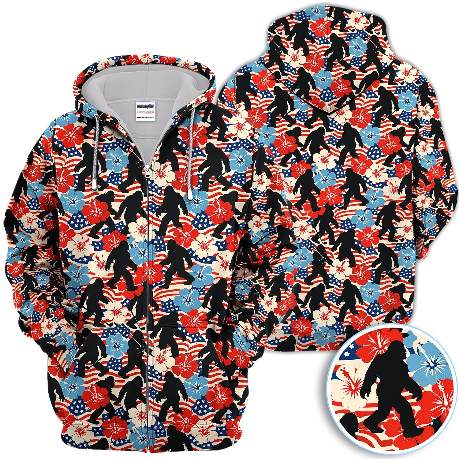 Patriotic Bigfoot USA Flag Floral Golf Pattern Shirt, Sasquatch Golf Shirt For Men, 4th Of July Golfer Gift