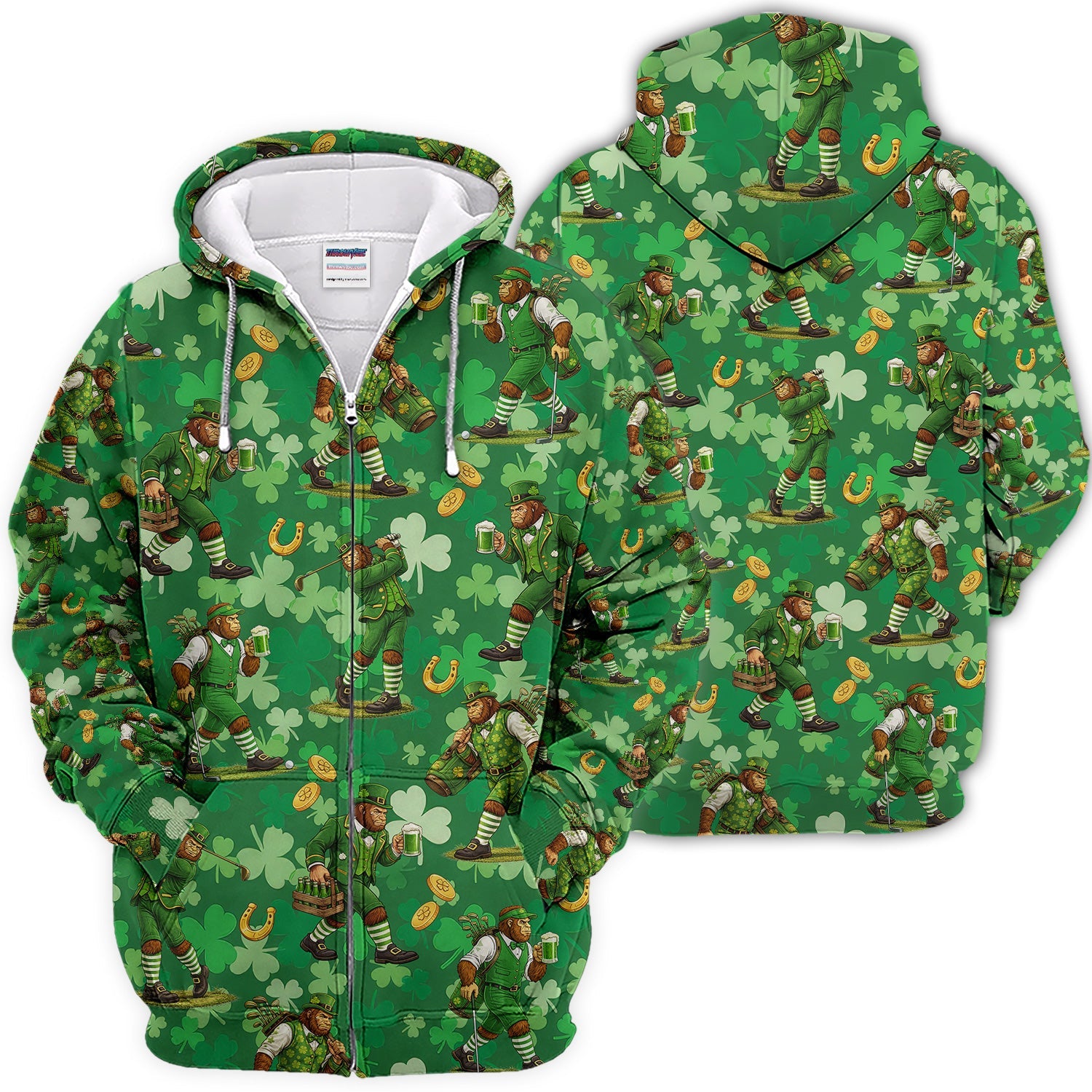 St. Patrick’s Day Bigfoot Leprechaun Golf Polos, Funny Irish Green Golf Shirt For Golfer, Golf Gift For Men