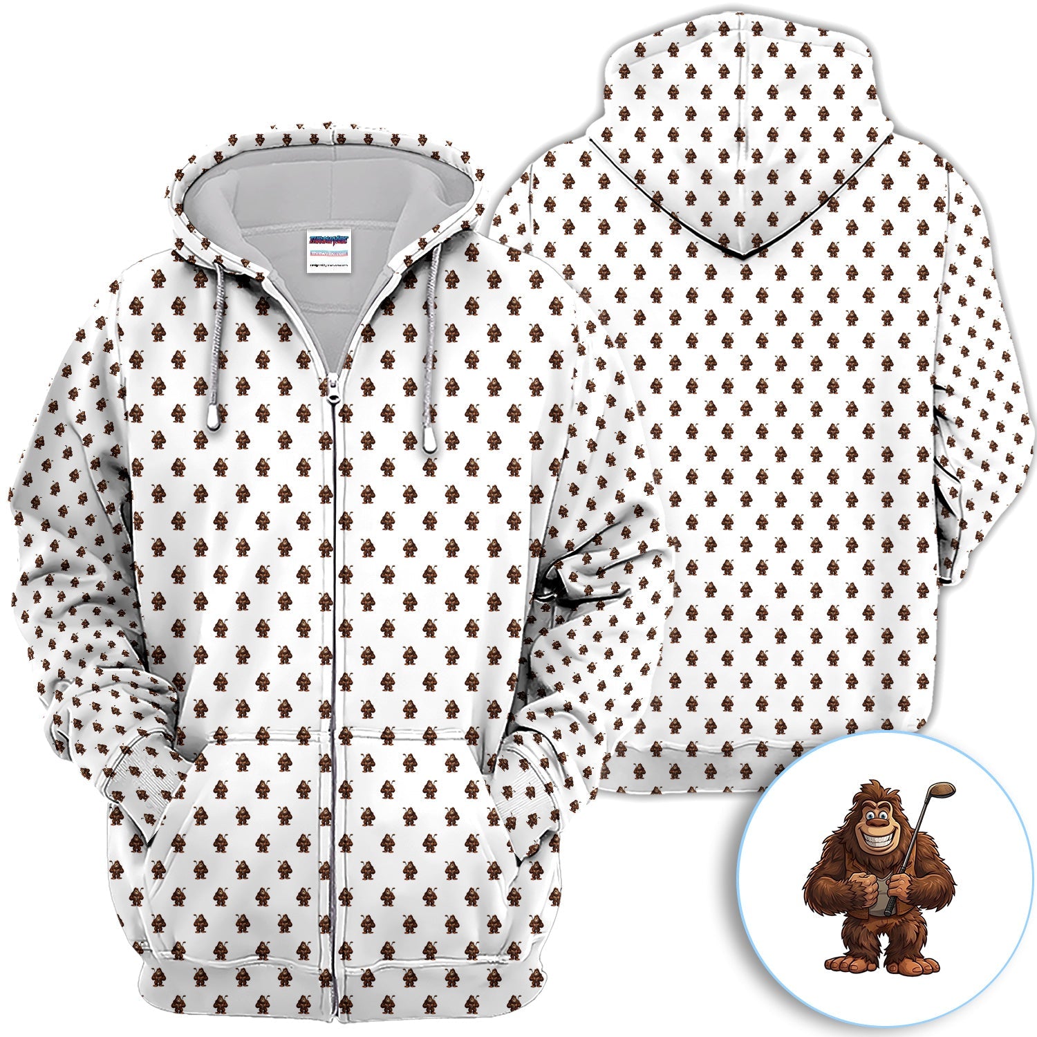 Funny Bigfoot Cartoon Pattern Golf Shirt, Cute Sasquatch Golfer Polo Shirt For Men, Golfer Gift