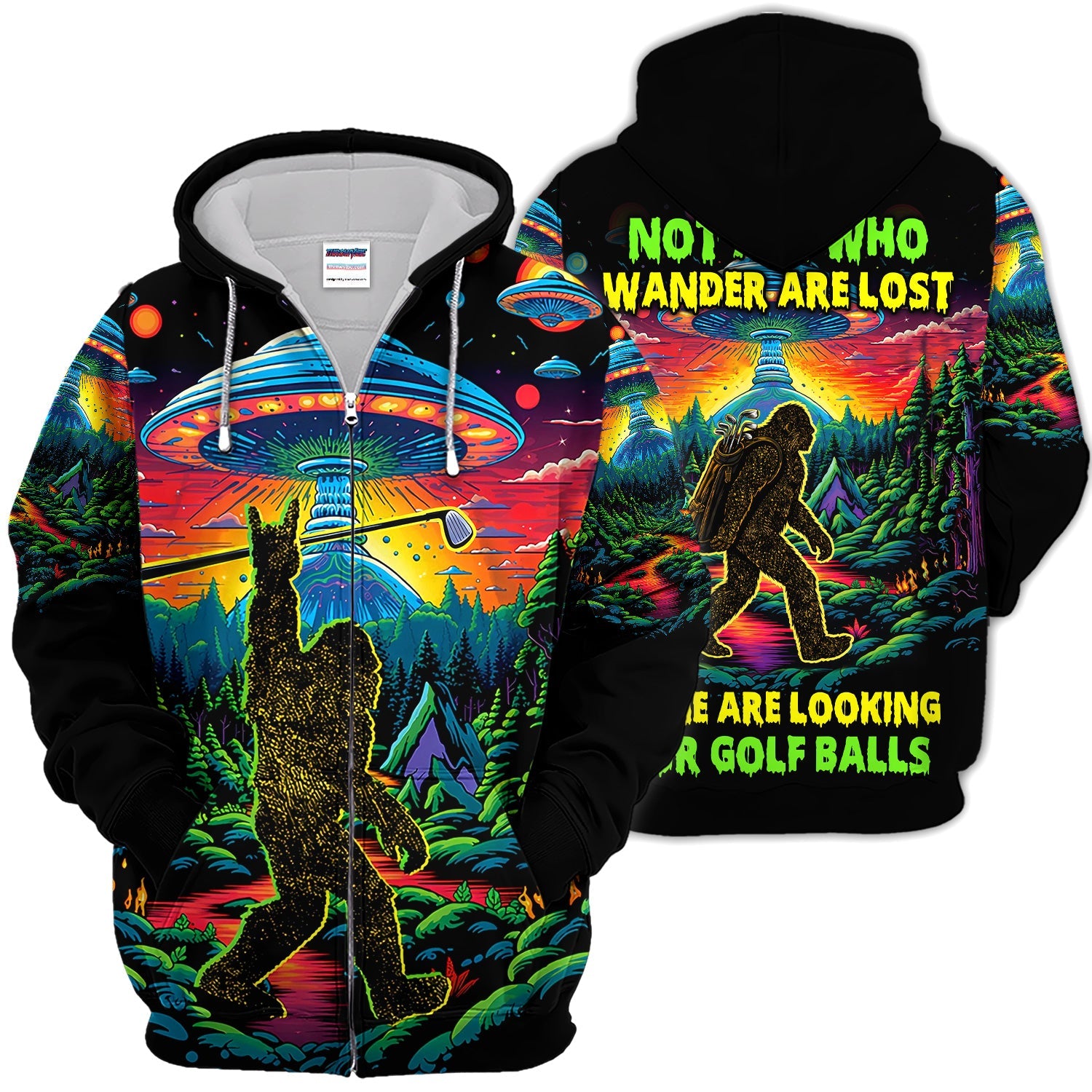 Psychedelic Bigfoot UFO Golf Pattern Shirt, Alien Bigfoot Golf Shirt For Men, Funny Golfer Gift