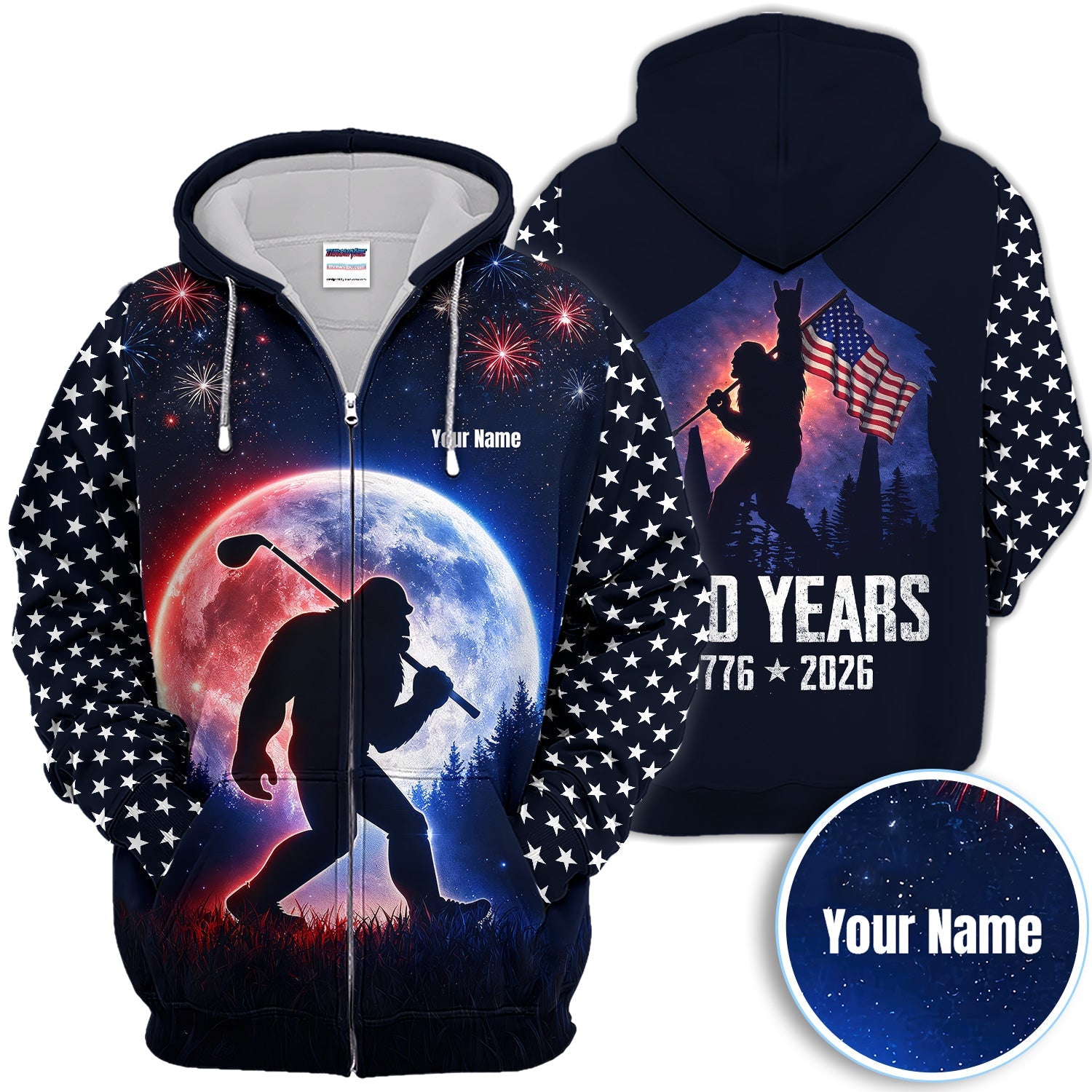 Bigfoot Golfer Patriotic Polo Shirt For Men, Custom Name USA Fireworks Moon Silhouette Sasquatch Golf Shirt