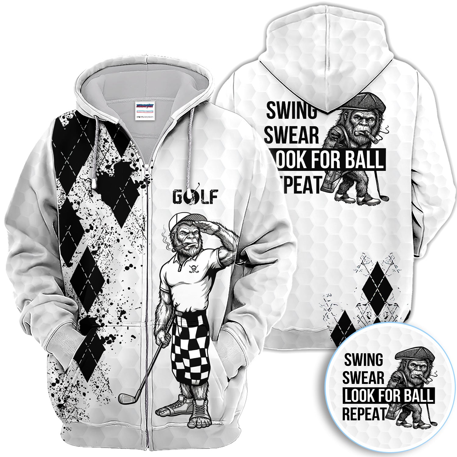 Funny Bigfoot Golfer Polo Shirt, Swing Swear Repeat Graphic Polo For Men, Unique Sasquatch Golf Outfit