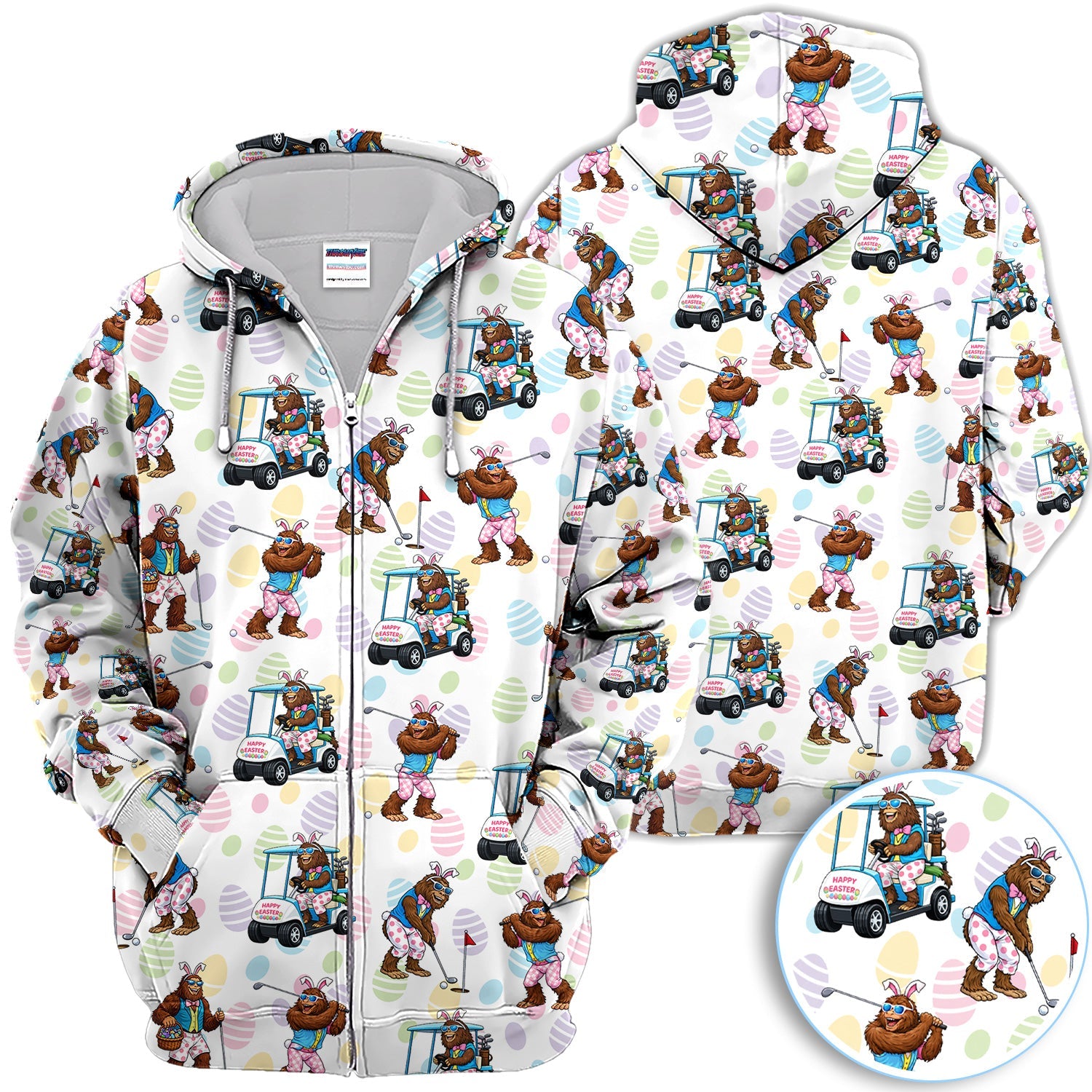 Funny Easter Bigfoot Golf Polo Shirt, Bunny Sasquatch Golfer Shirt, Unique Golf Gift for Men