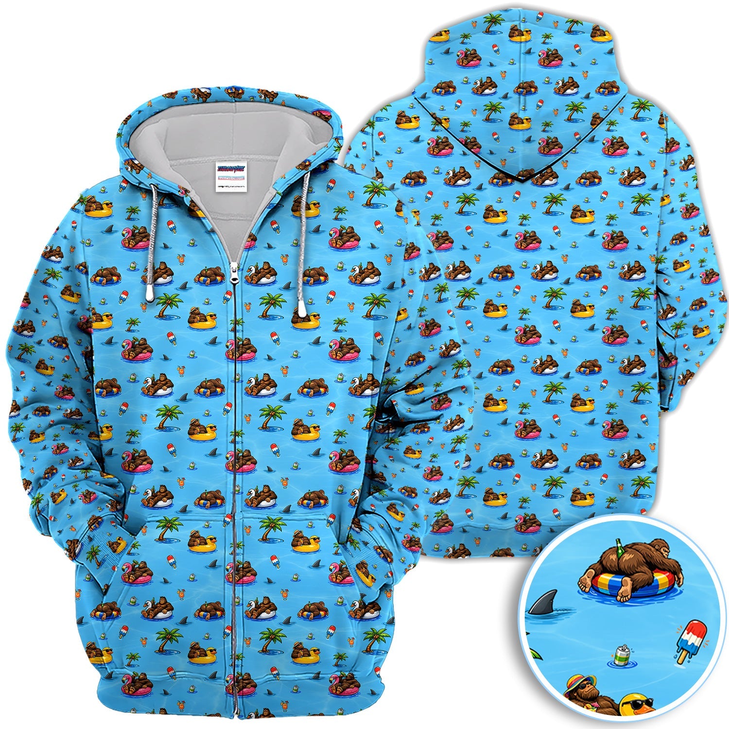 Funny Summer Bigfoot Pool Float Pattern Shirt, Sasquatch Beach Party Golf Polo Shirt For Men, Vacation Golf Gift