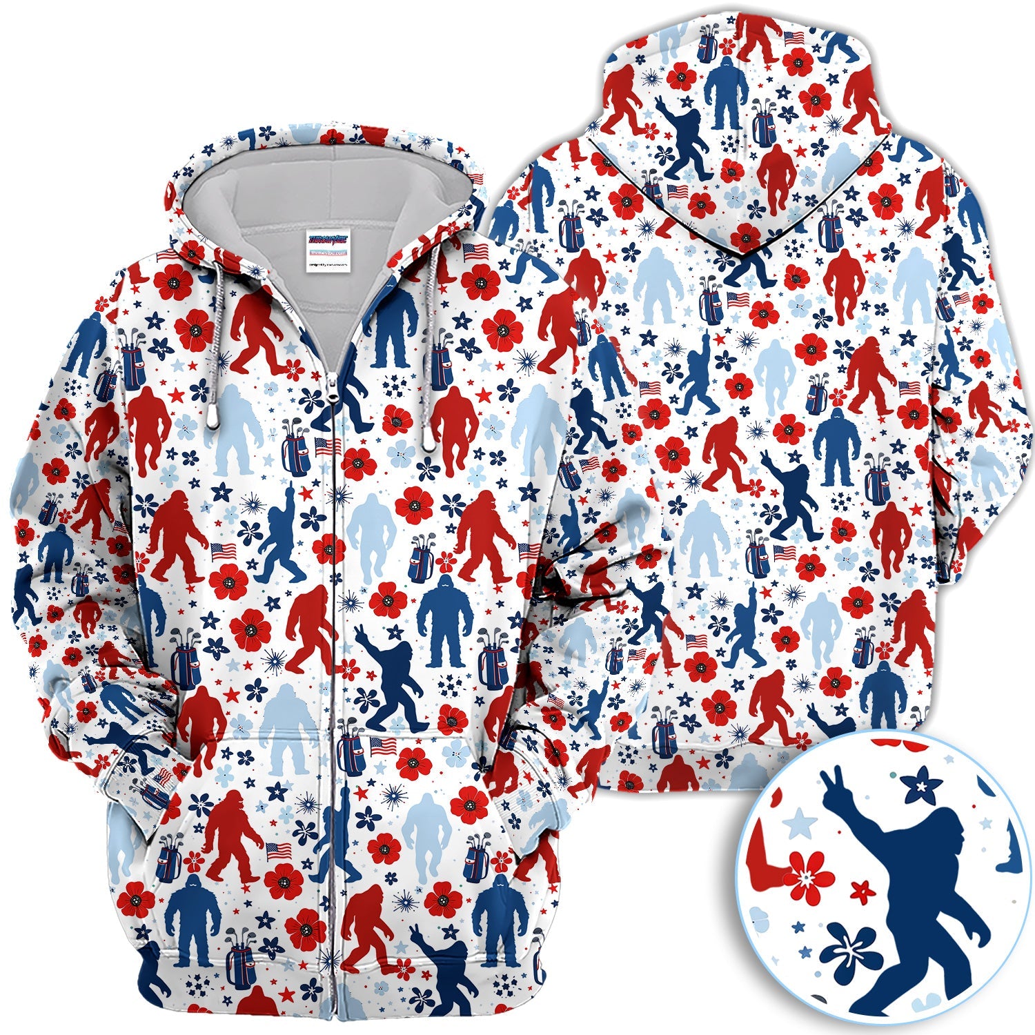 Patriotic Bigfoot Golf Polo Shirt For Men, USA Flag Red Blue White Sasquatch Pattern Golf Shirt