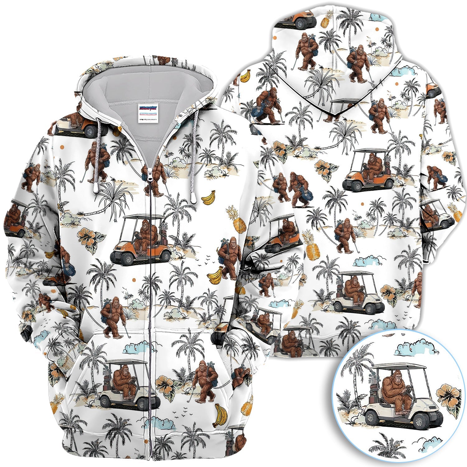 Funny Bigfoot Golf Cart Tropical Pattern Golf Shirt, Sasquatch Golfer Palm Golf Shirt For Men, Golfer Gift