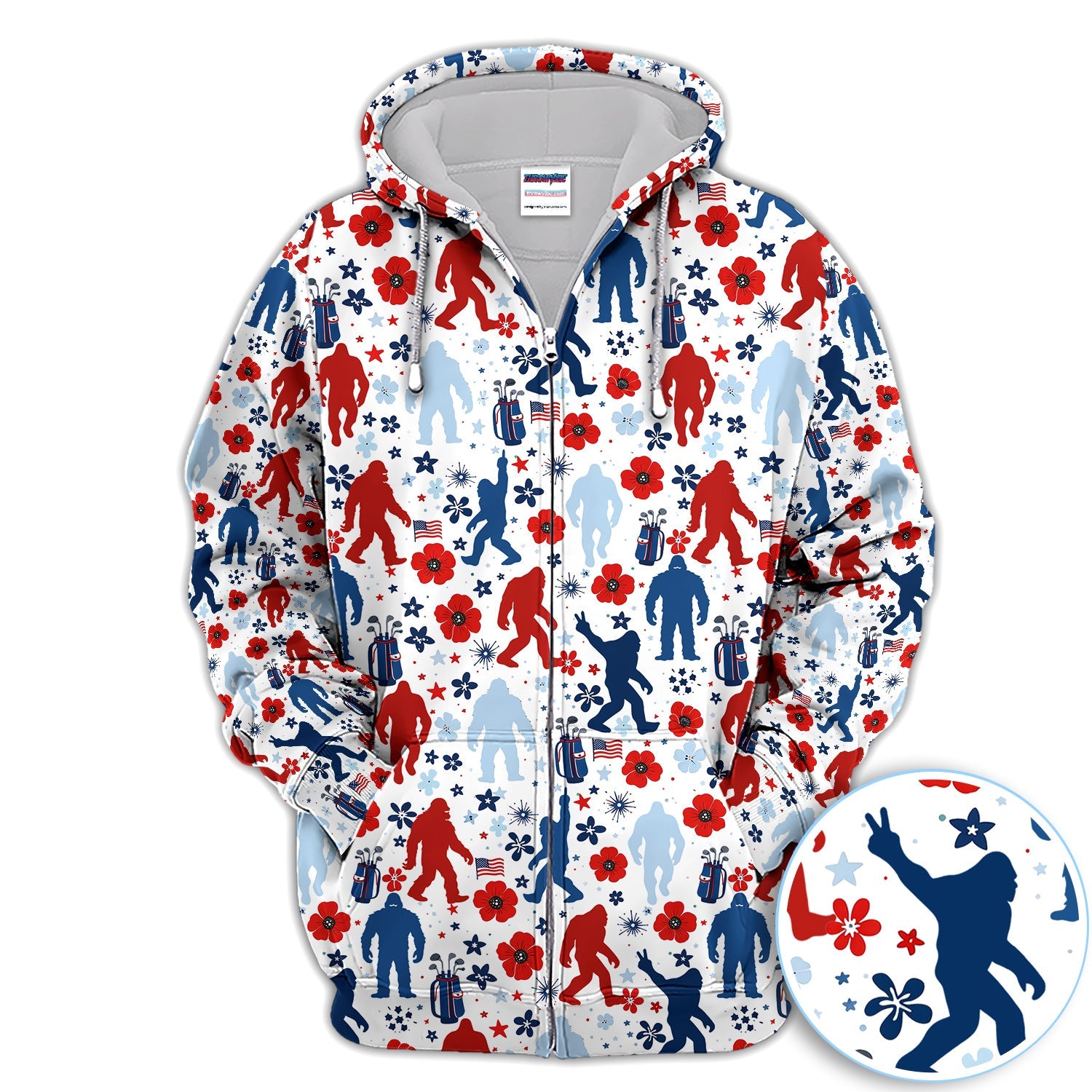 Patriotic Bigfoot Golf Polo Shirt For Men, USA Flag Red Blue White Sasquatch Pattern Golf Shirt