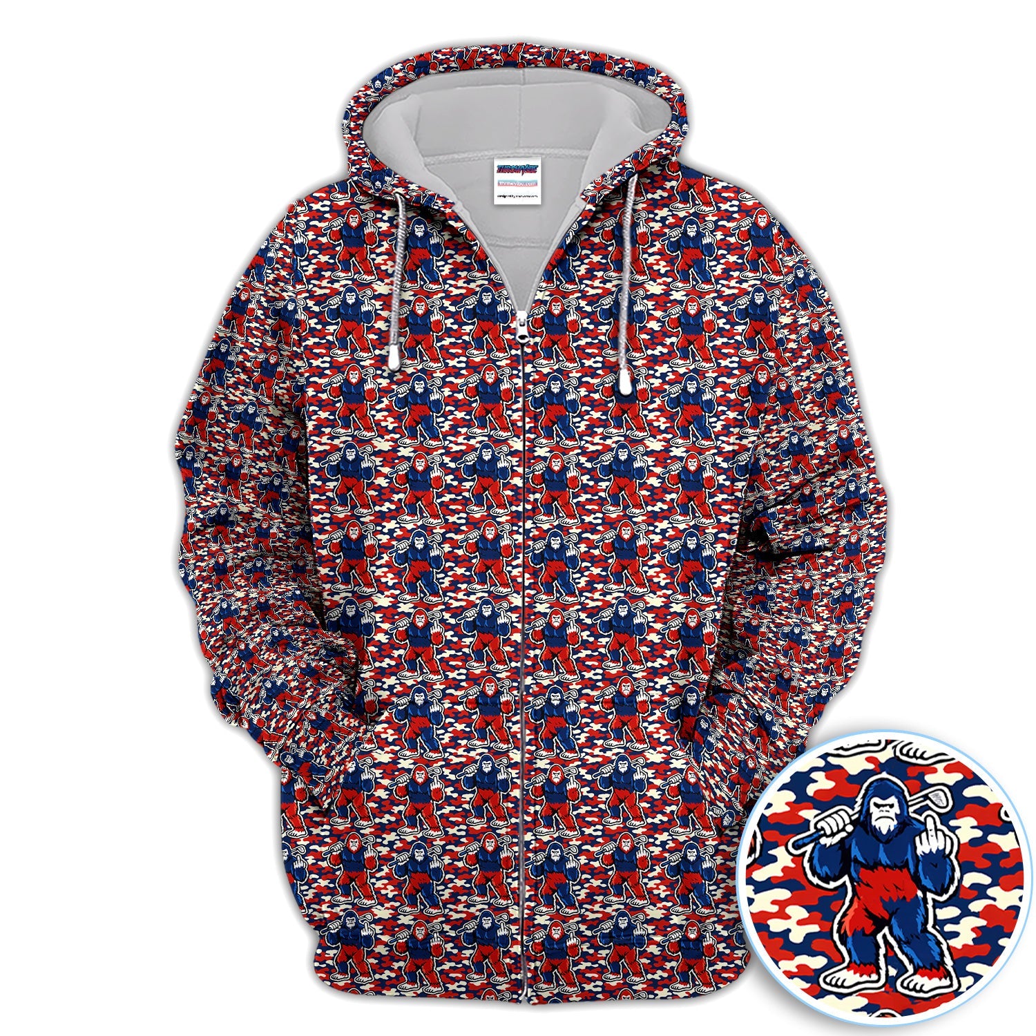 Patriotic Bigfoot Golf Polo Shirt, Red White Blue Camo Sasquatch Pattern Shirt, Funny Golfer Gift For Men