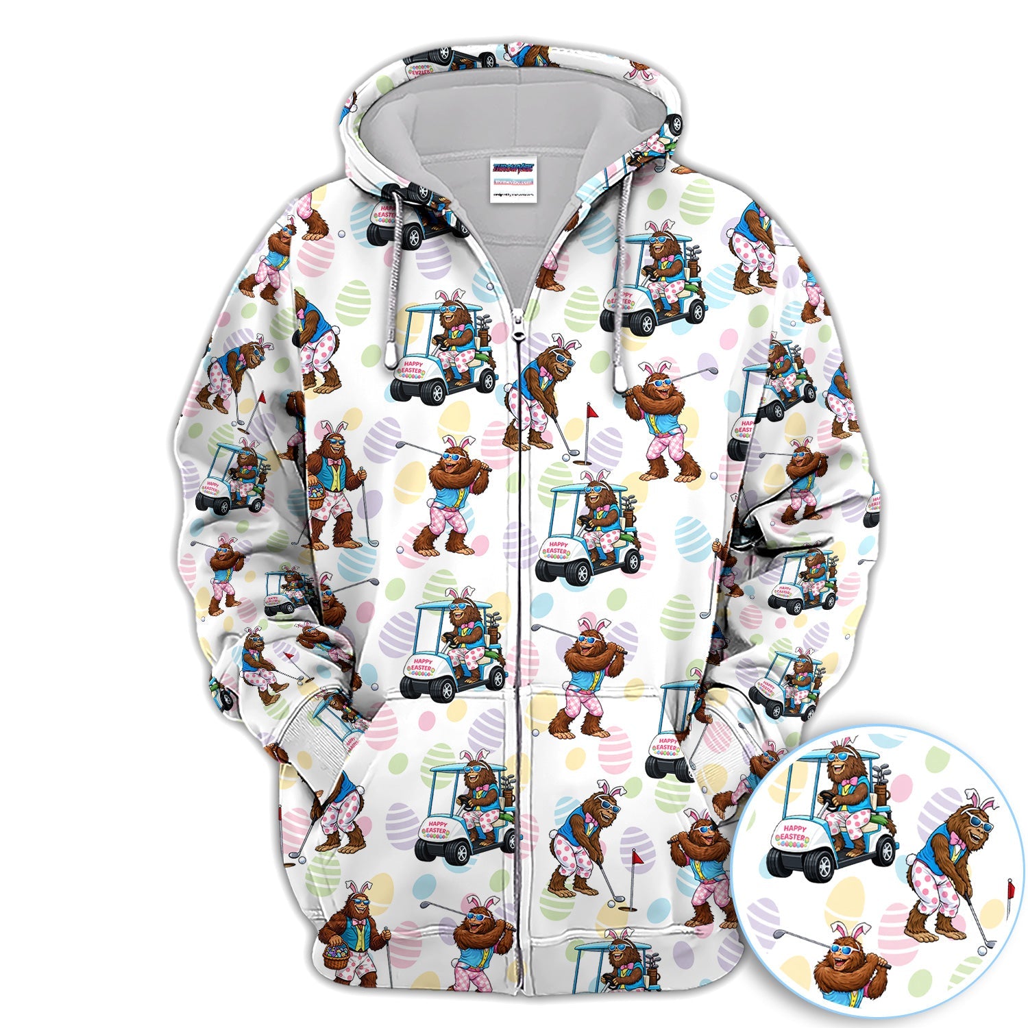 Funny Easter Bigfoot Golf Polo Shirt, Bunny Sasquatch Golfer Shirt, Unique Golf Gift for Men