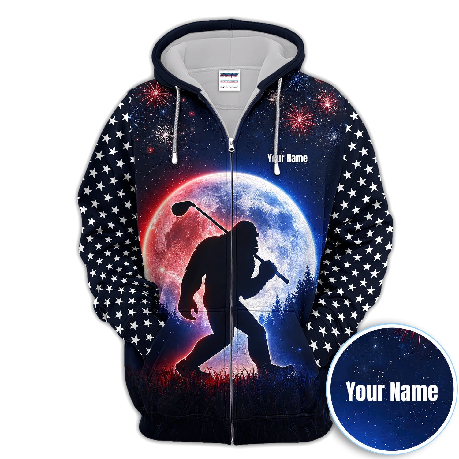 Bigfoot Golfer Patriotic Polo Shirt For Men, Custom Name USA Fireworks Moon Silhouette Sasquatch Golf Shirt