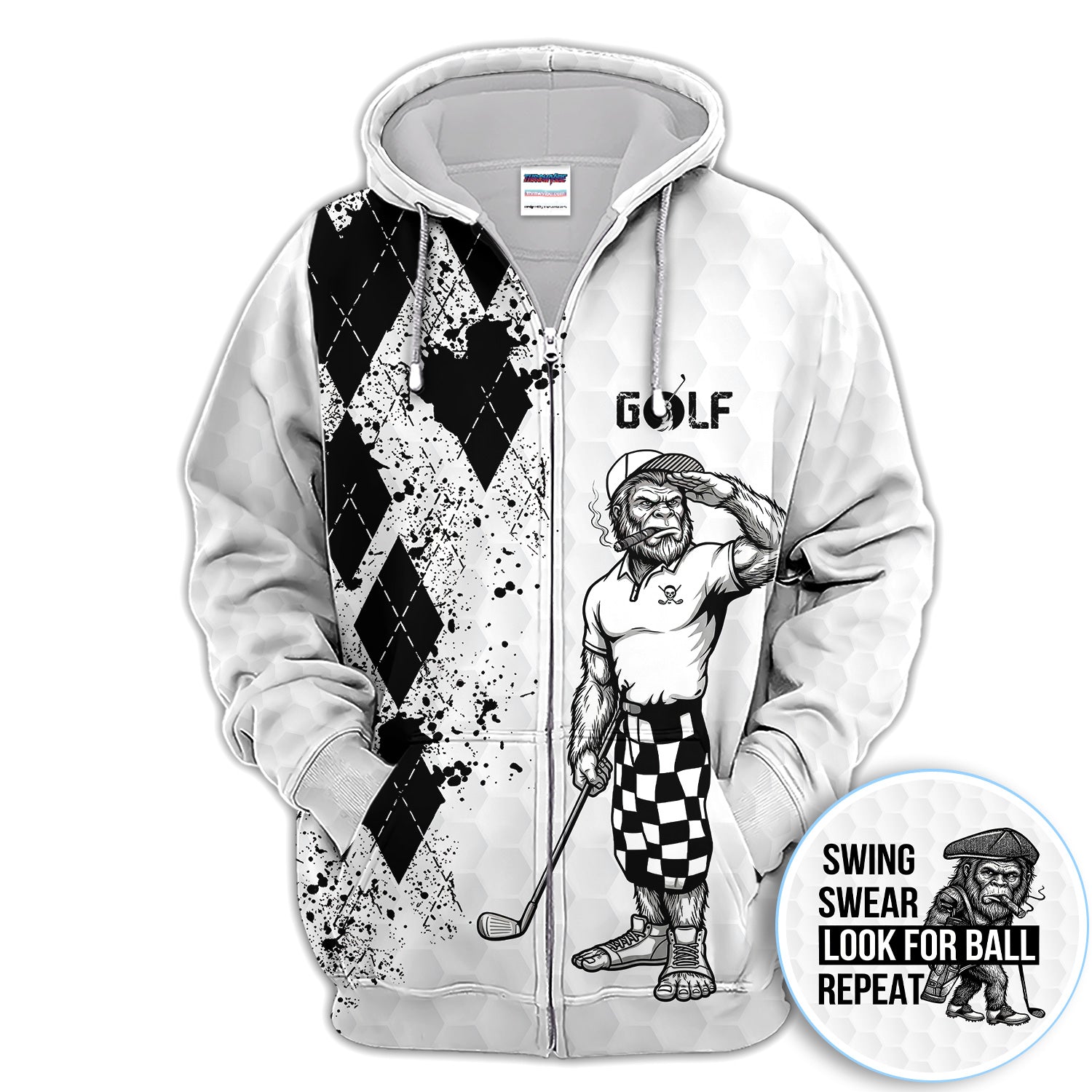 Funny Bigfoot Golfer Polo Shirt, Swing Swear Repeat Graphic Polo For Men, Unique Sasquatch Golf Outfit
