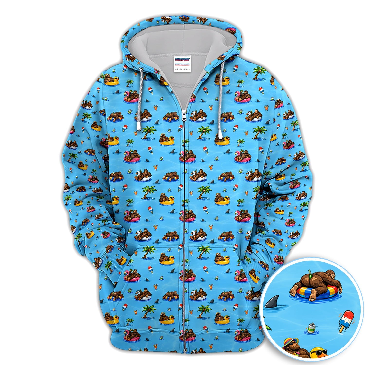 Funny Summer Bigfoot Pool Float Pattern Shirt, Sasquatch Beach Party Golf Polo Shirt For Men, Vacation Golf Gift