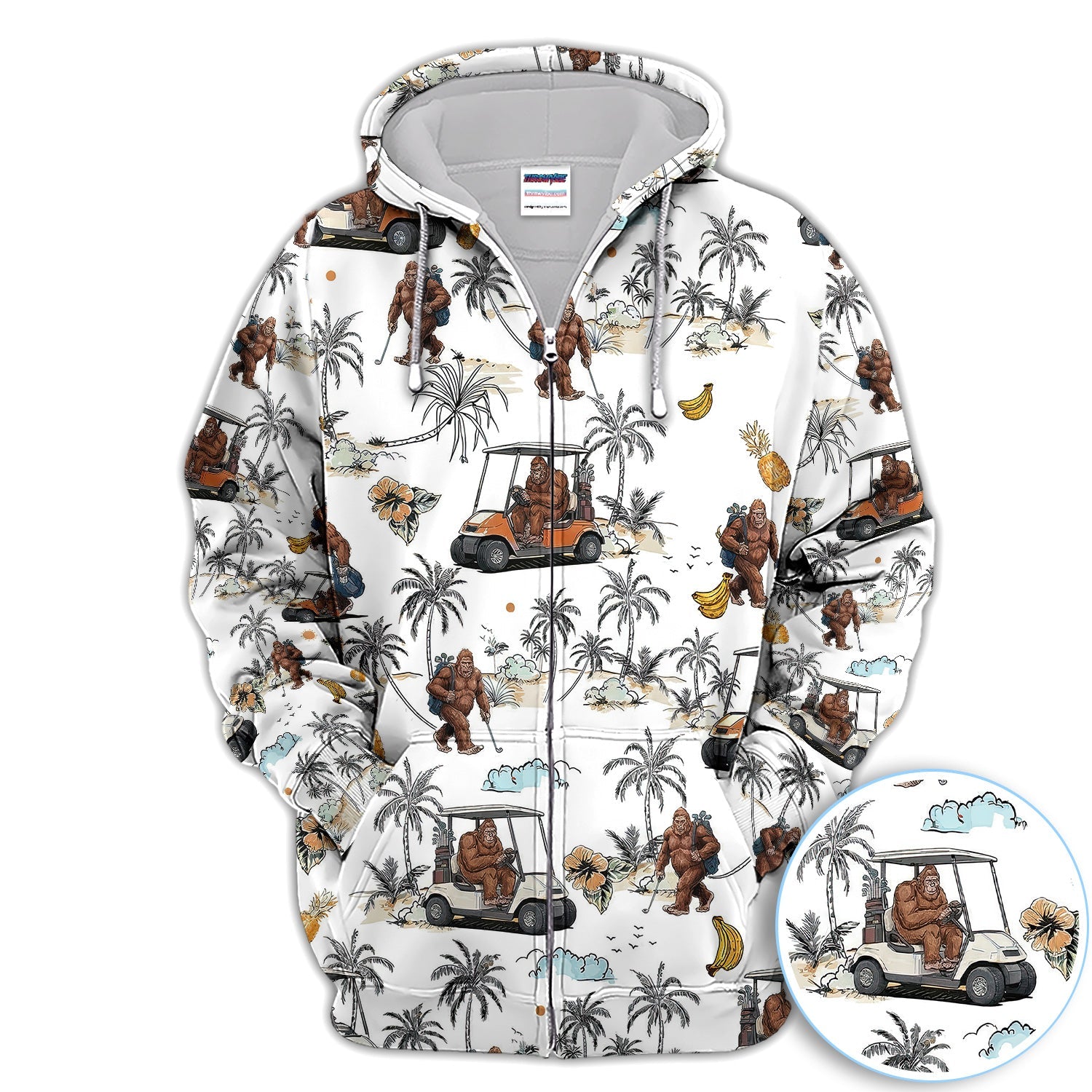 Funny Bigfoot Golf Cart Tropical Pattern Golf Shirt, Sasquatch Golfer Palm Golf Shirt For Men, Golfer Gift