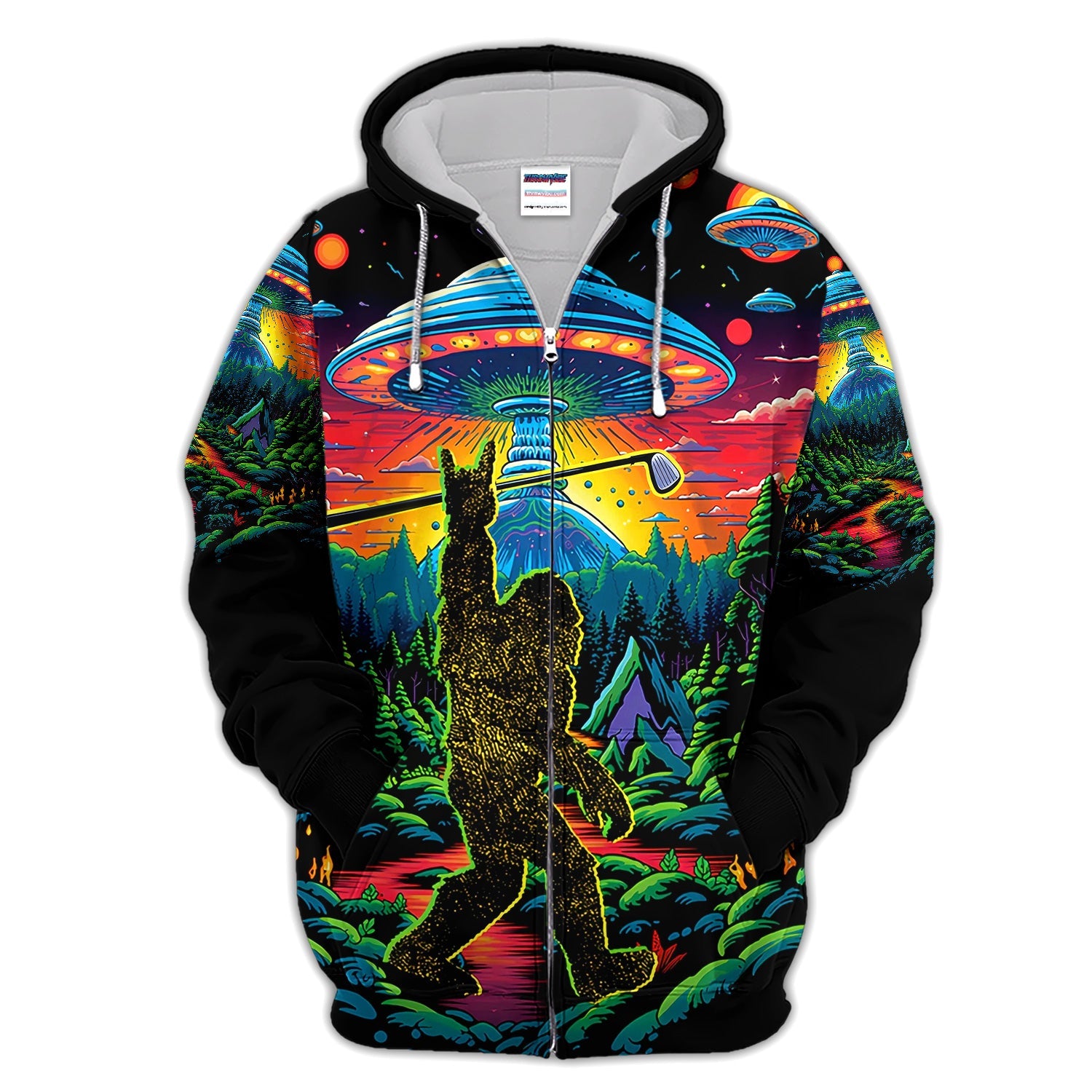 Psychedelic Bigfoot UFO Golf Pattern Shirt, Alien Bigfoot Golf Shirt For Men, Funny Golfer Gift
